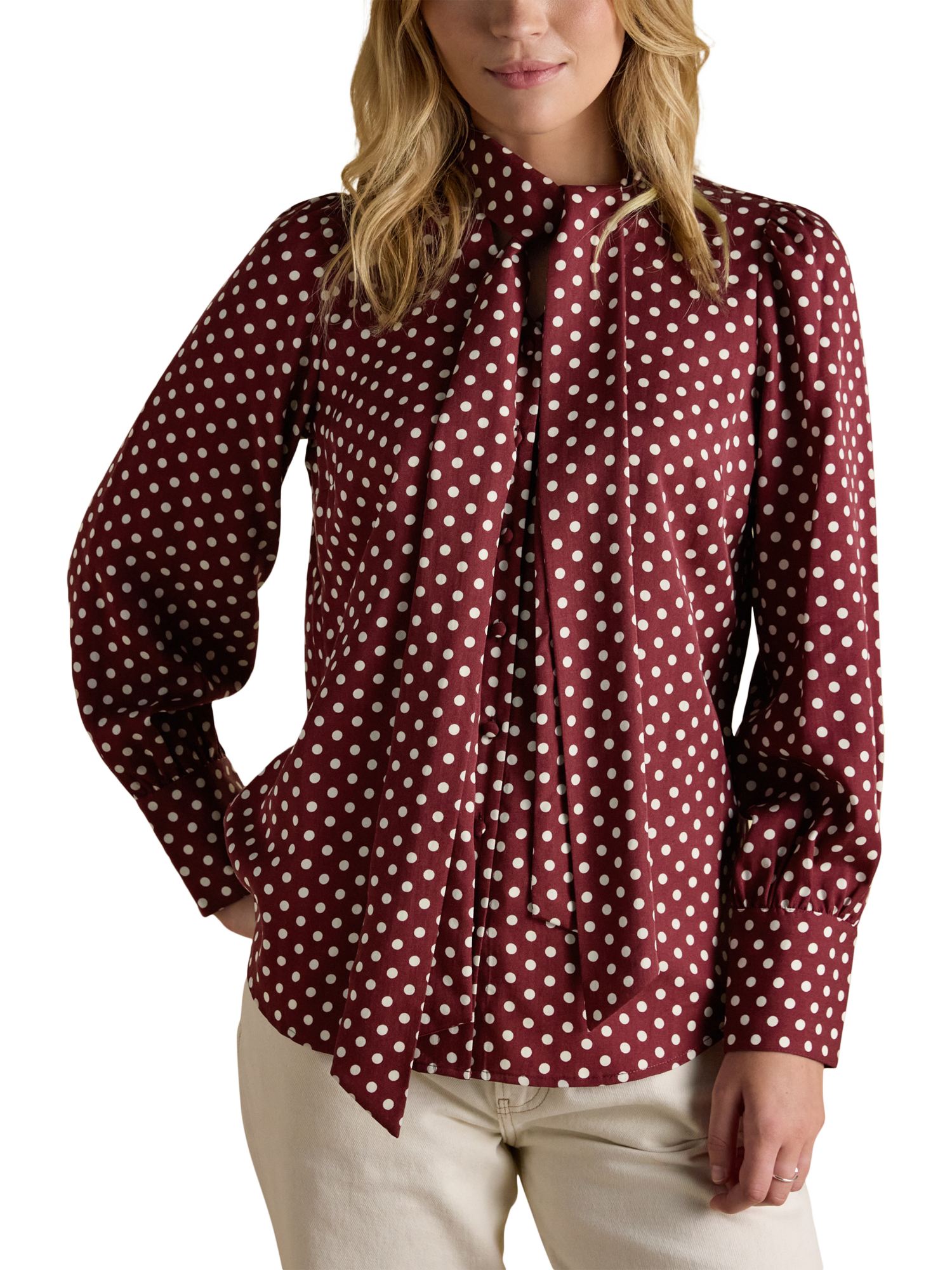 Product image 1 of 6, which shows Joules Spotted Tie Neck Blouse, Brown/Multi, 6