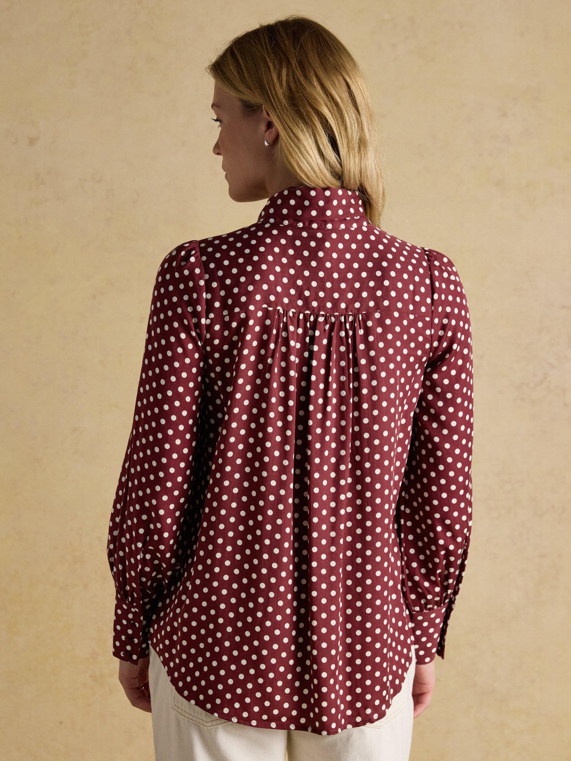 Product image 4 of 6, which shows Joules Spotted Tie Neck Blouse, Brown/Multi, 6