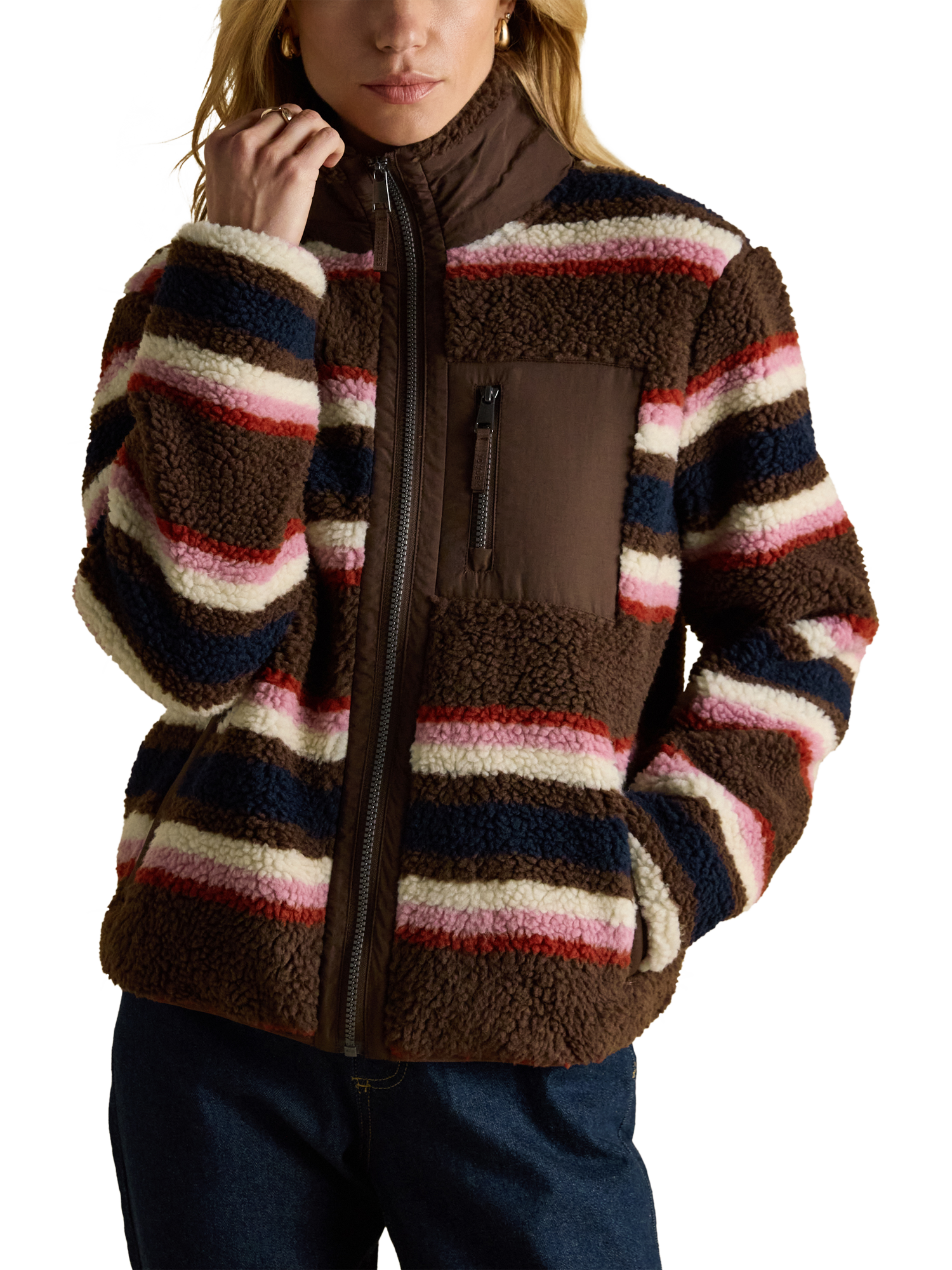 Product image 1 of 10, which shows Joules Zipped Stripe Cardigan, Chocolate/Multi, 6