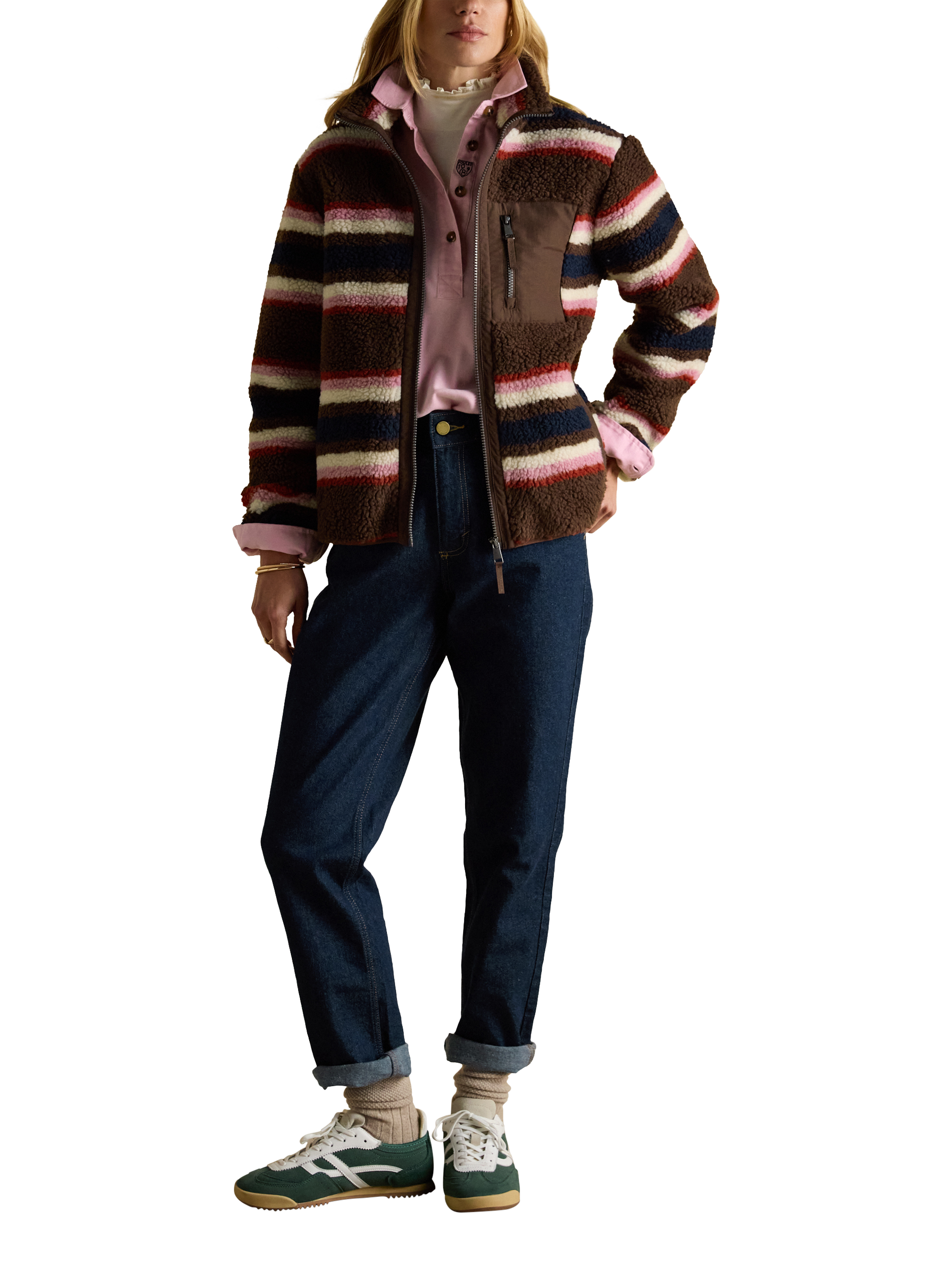 Product image 3 of 10, which shows Joules Zipped Stripe Cardigan, Chocolate/Multi, 6