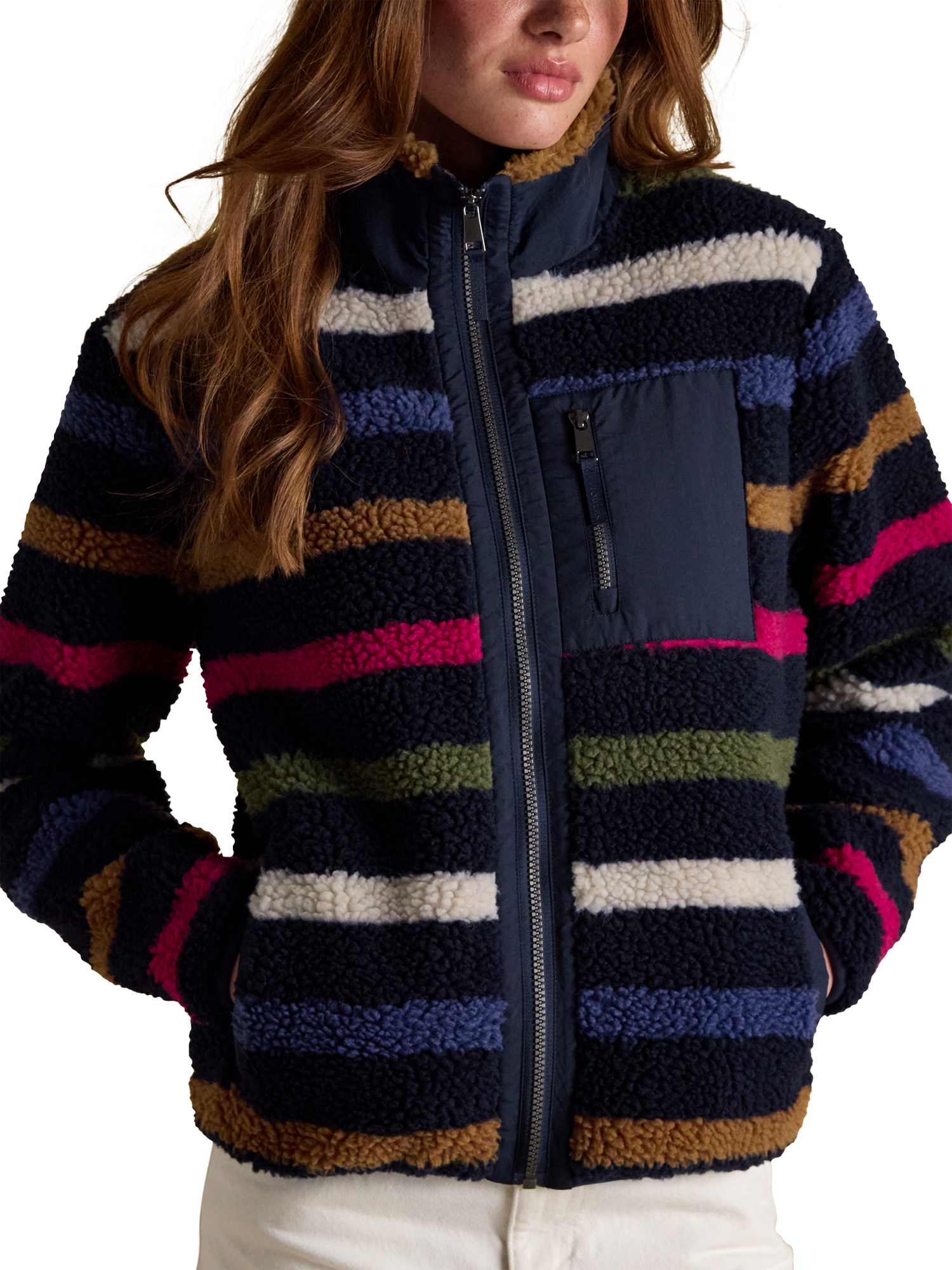 Product image 1 of 9, which shows Joules Striped Borg Fleece, Navy/Multi, 26
