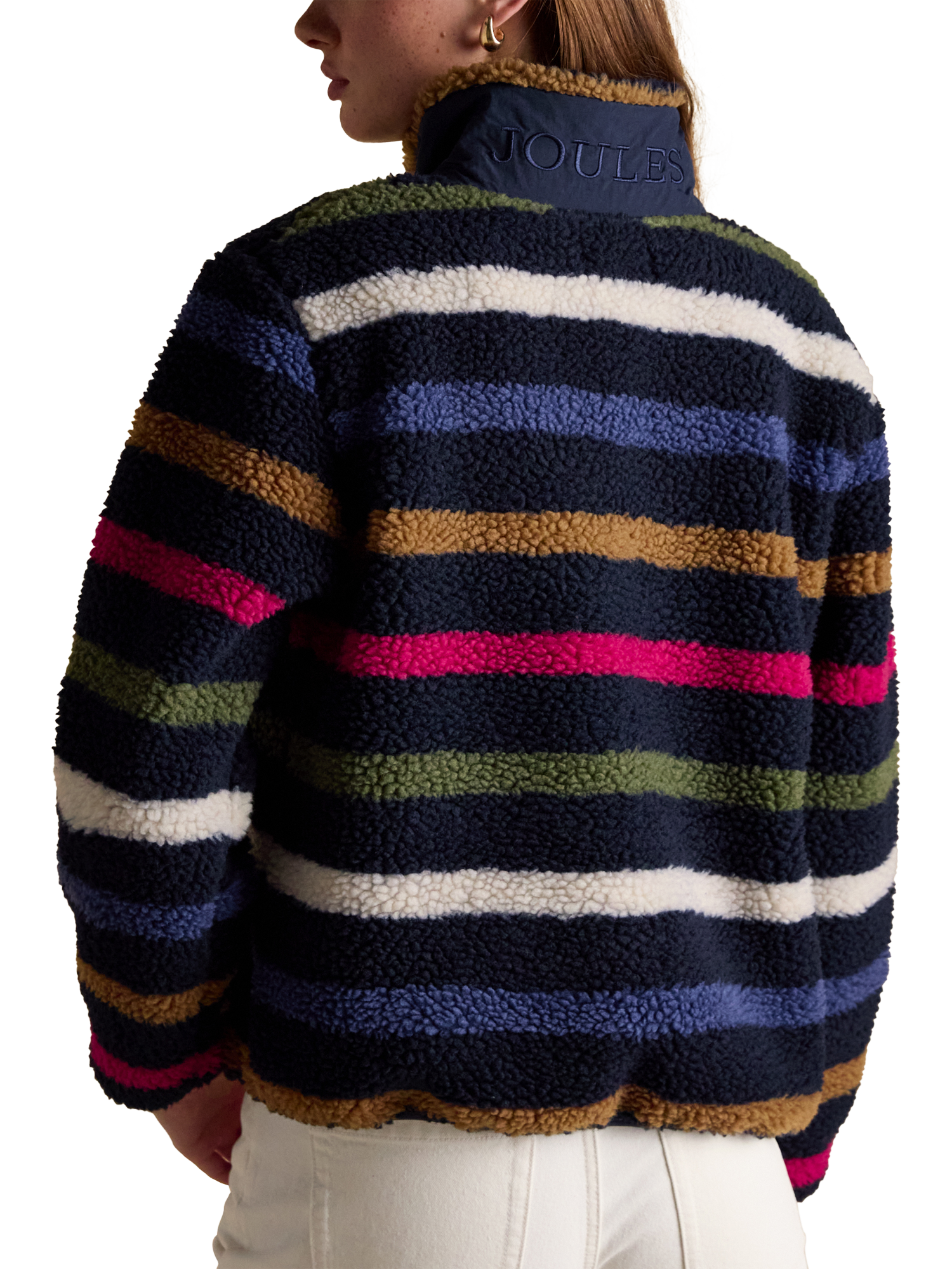 Product image 2 of 9, which shows Joules Striped Borg Fleece, Navy/Multi, 26