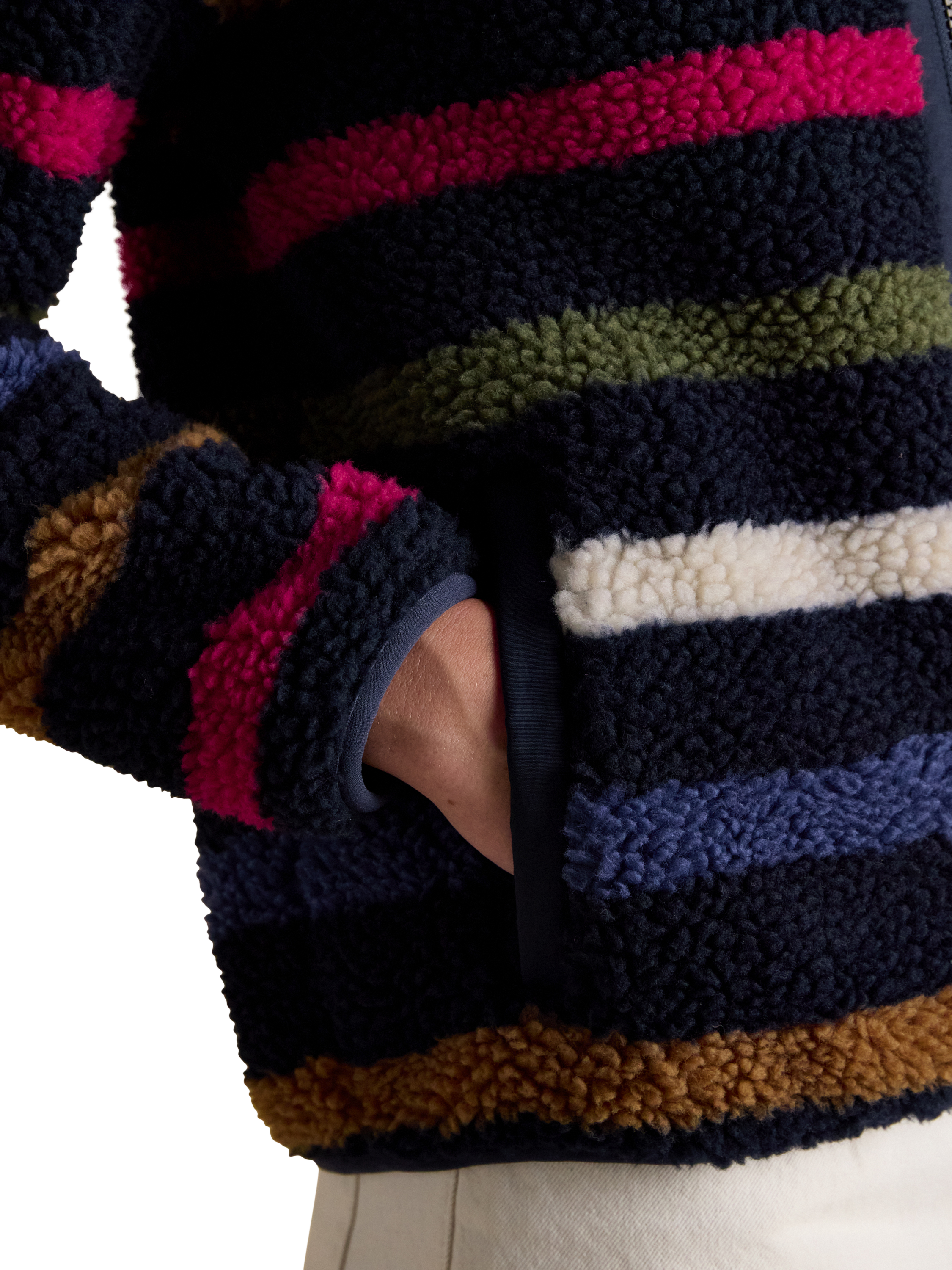 Product image 3 of 9, which shows Joules Striped Borg Fleece, Navy/Multi, 26