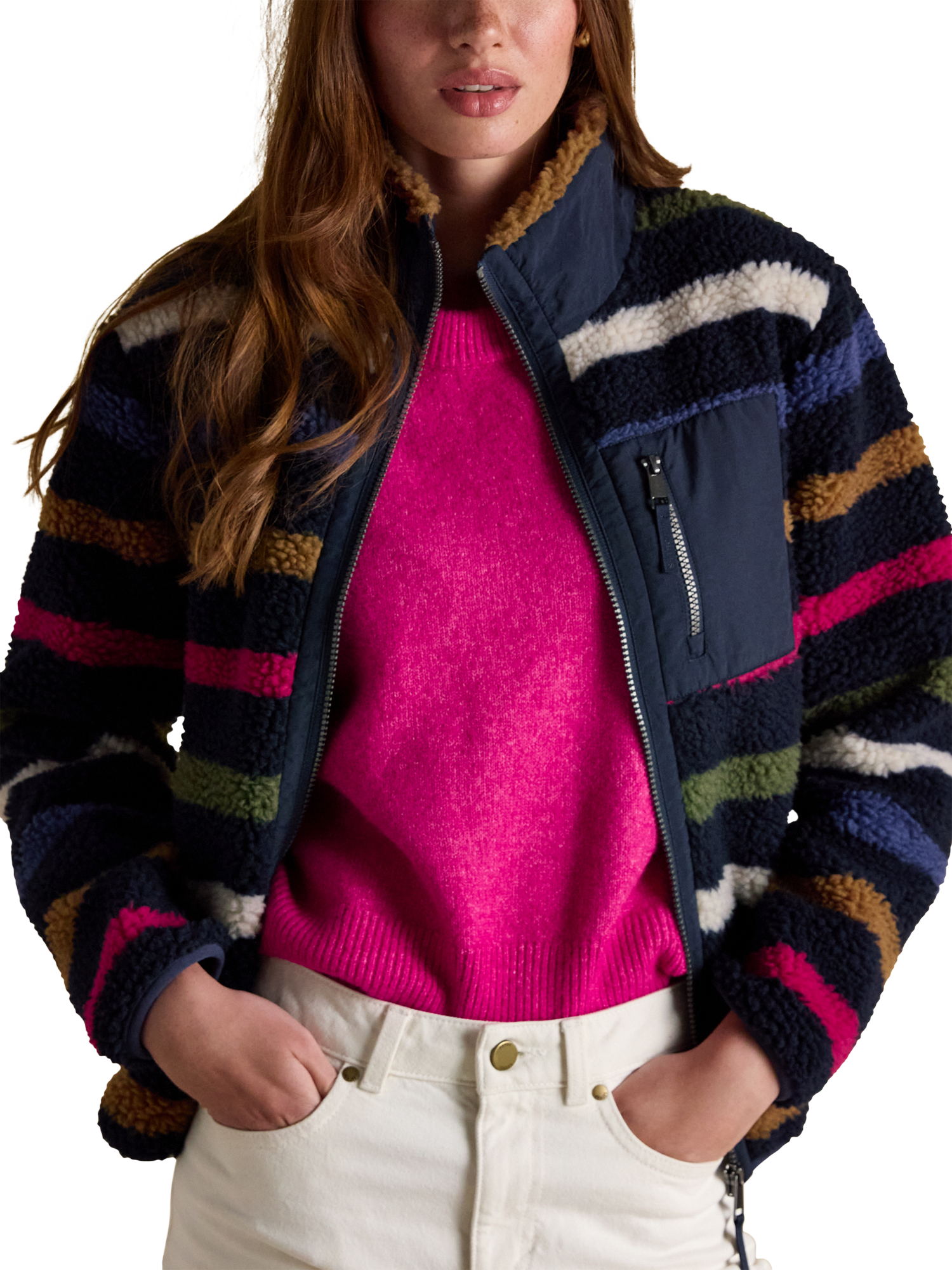 Product image 4 of 9, which shows Joules Striped Borg Fleece, Navy/Multi, 26