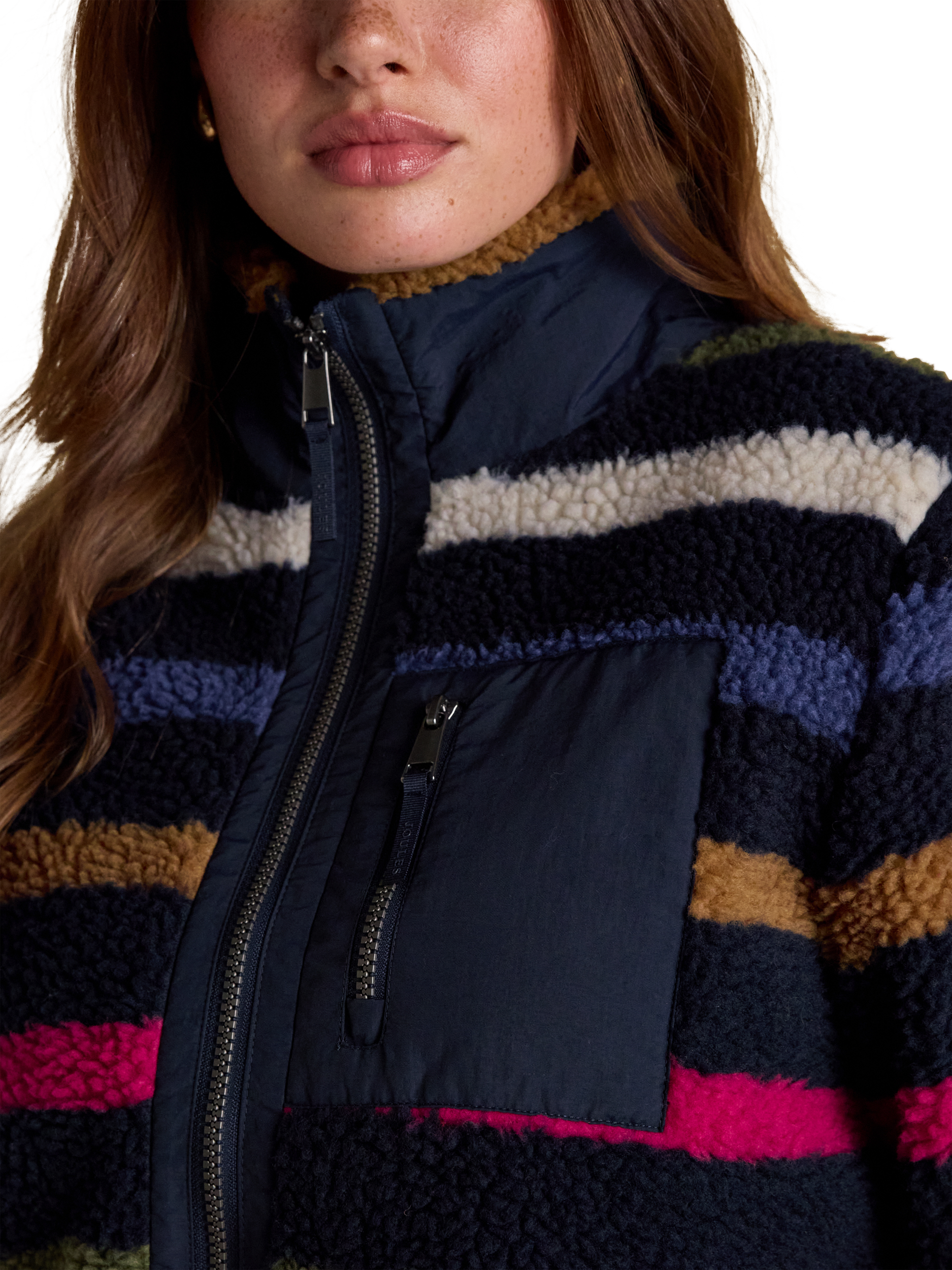 Product image 5 of 9, which shows Joules Striped Borg Fleece, Navy/Multi, 26