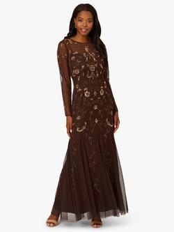 Adrianna Papell Studio Beaded Floral Long Sleeve Boat Neck Maxi Dress, Chocolate, Chocolate
