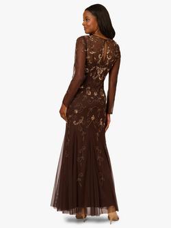 Adrianna Papell Studio Beaded Floral Long Sleeve Boat Neck Maxi Dress, Chocolate - view 2, Chocolate
