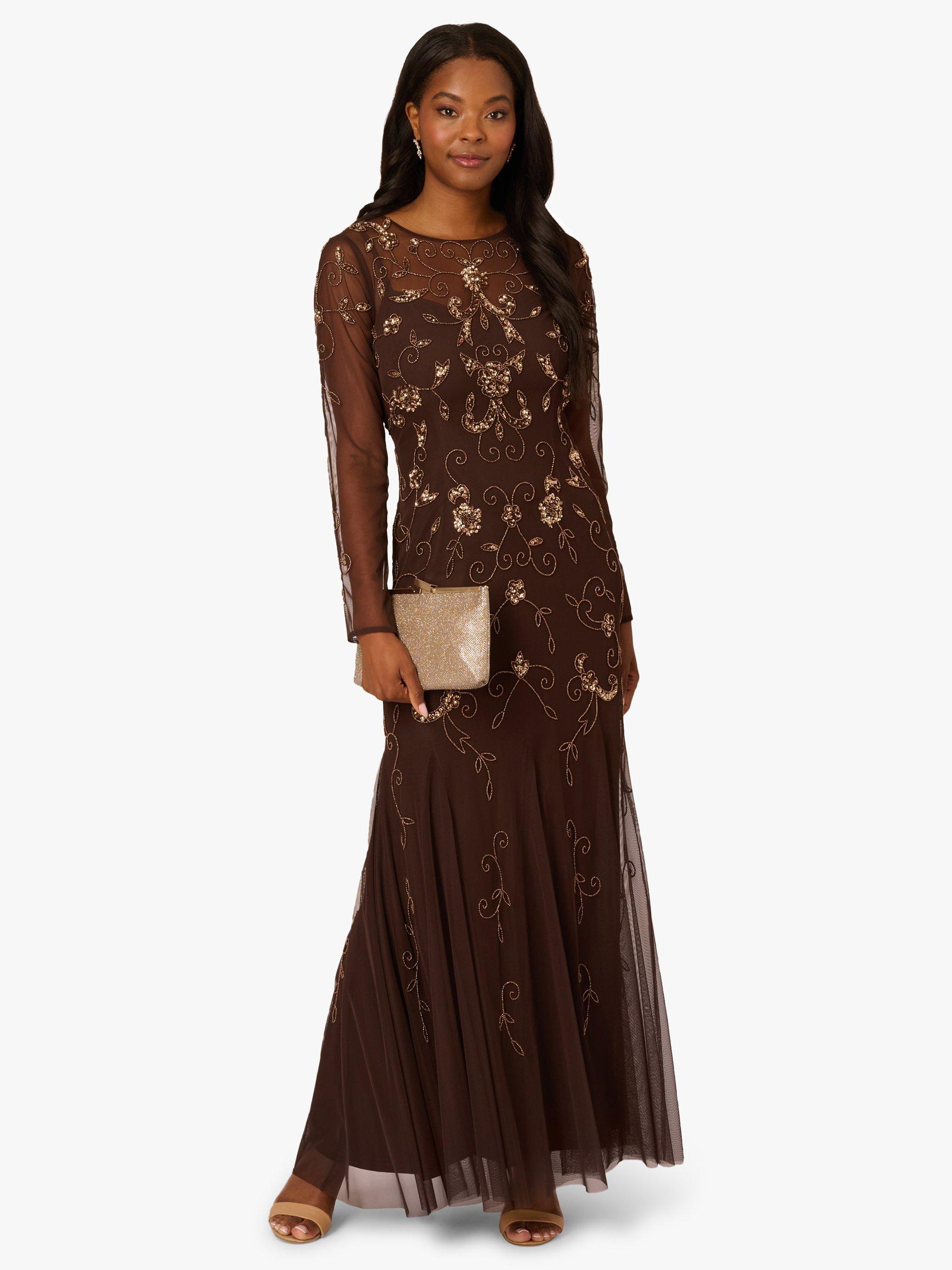 Adrianna Papell Studio Beaded Floral Long Sleeve Boat Neck Maxi