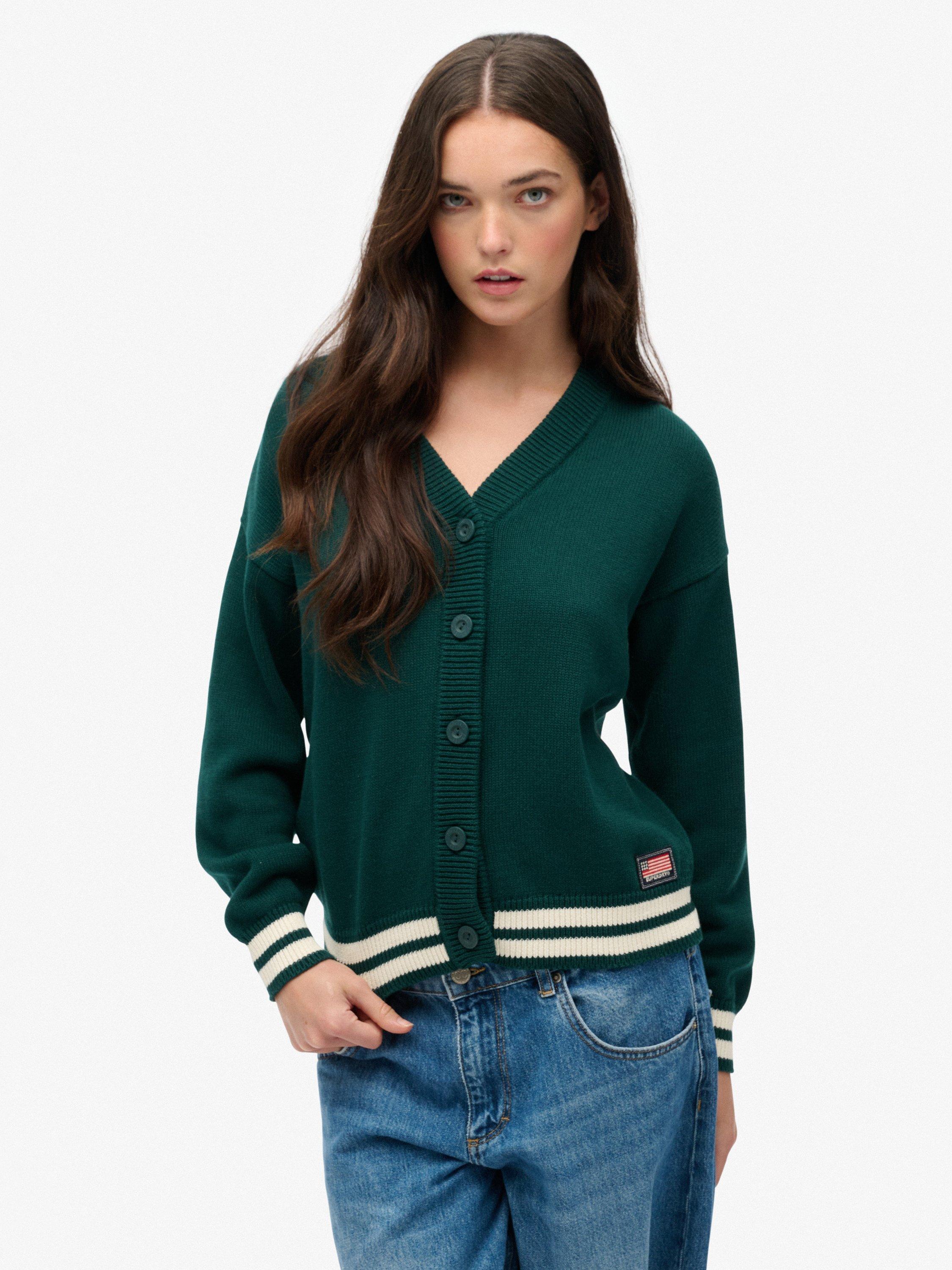 Product image 1 of 5, which shows Superdry Slouchy Knitted Cardigan, Darkest Pine Green, 16