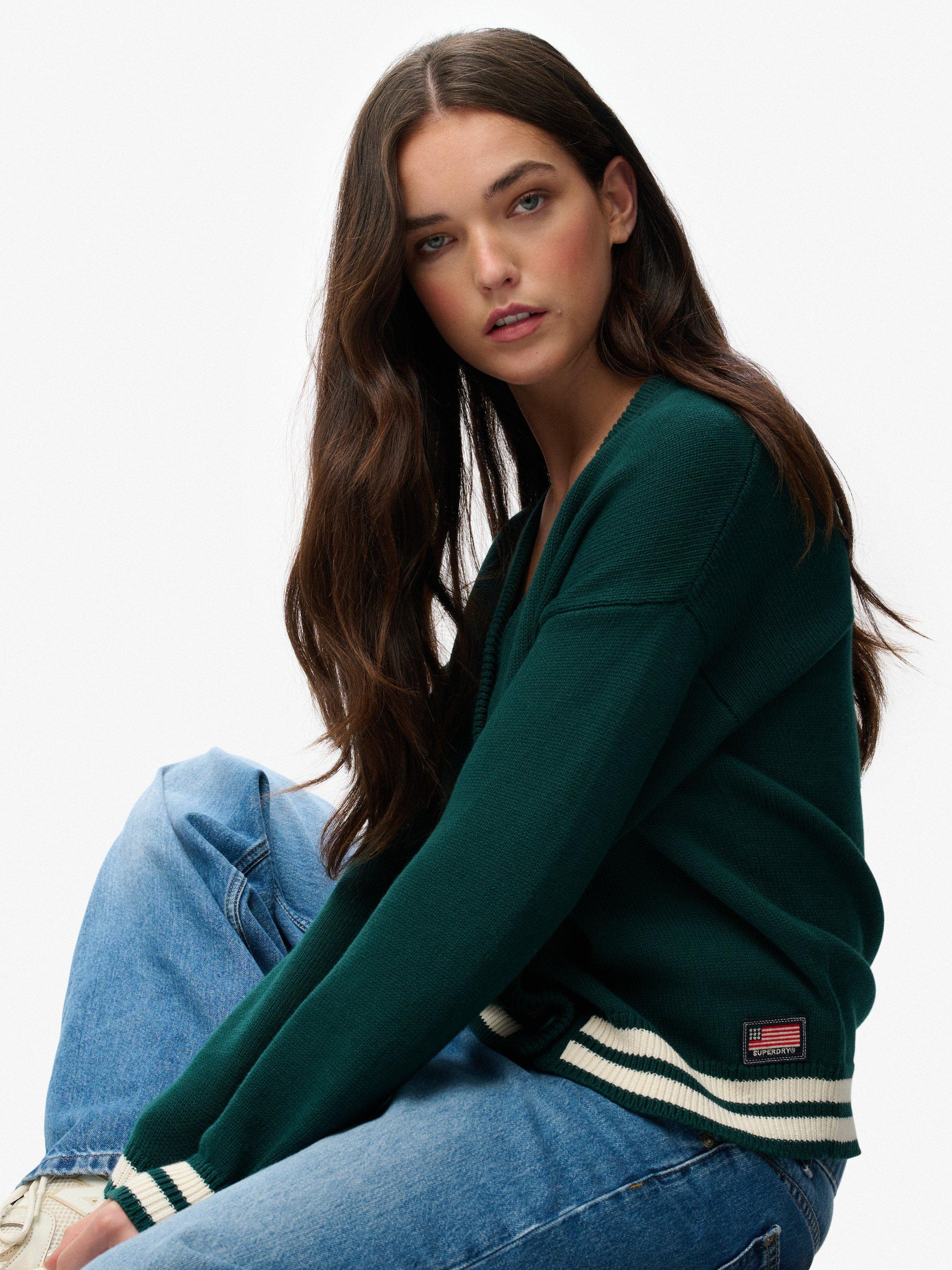 Product image 5 of 5, which shows Superdry Slouchy Knitted Cardigan, Darkest Pine Green, 16