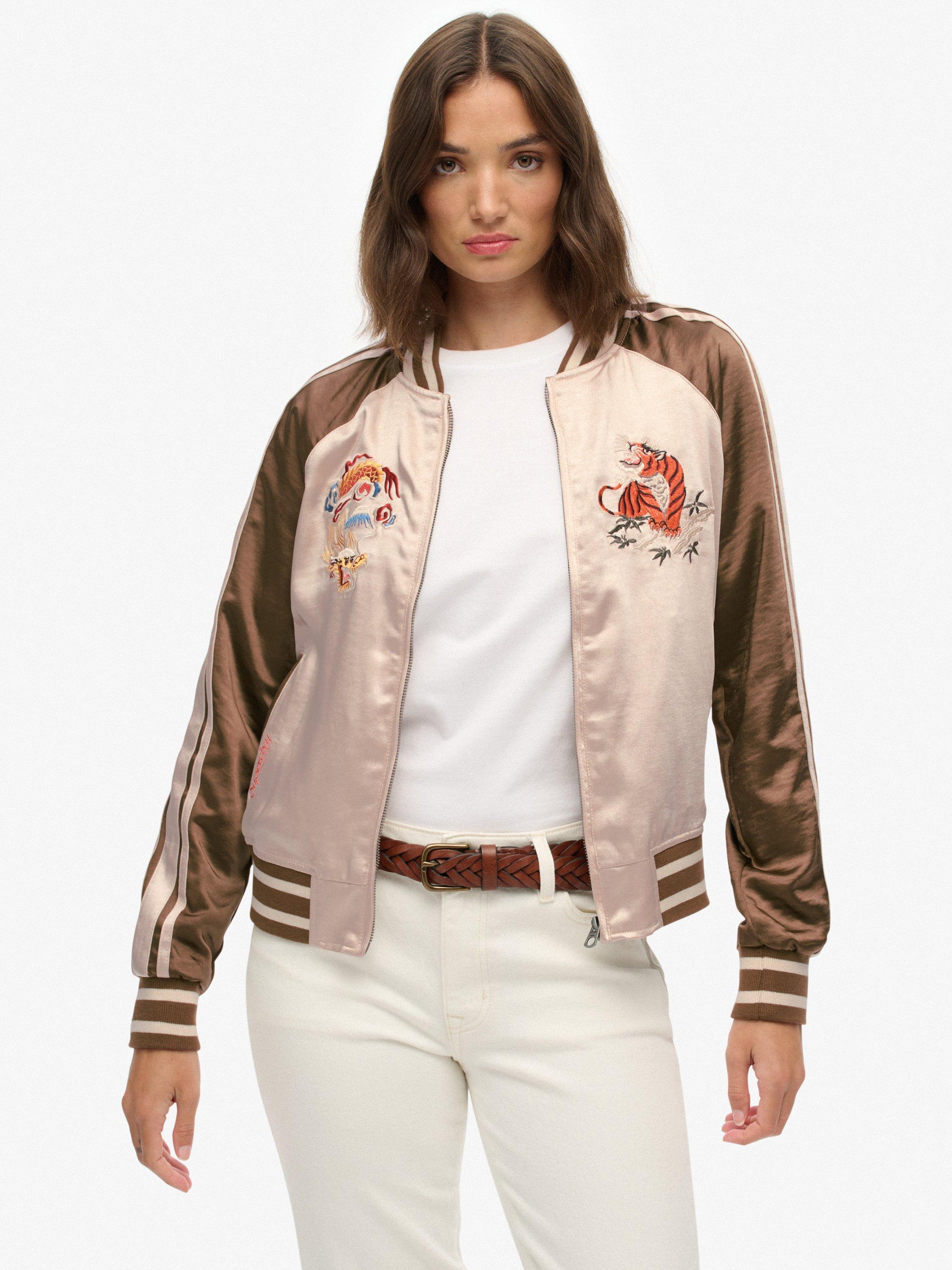 Product image 1 of 7, which shows Superdry Suikajan Embroidered Bomber Jacket, Champagne/Bronze, 12