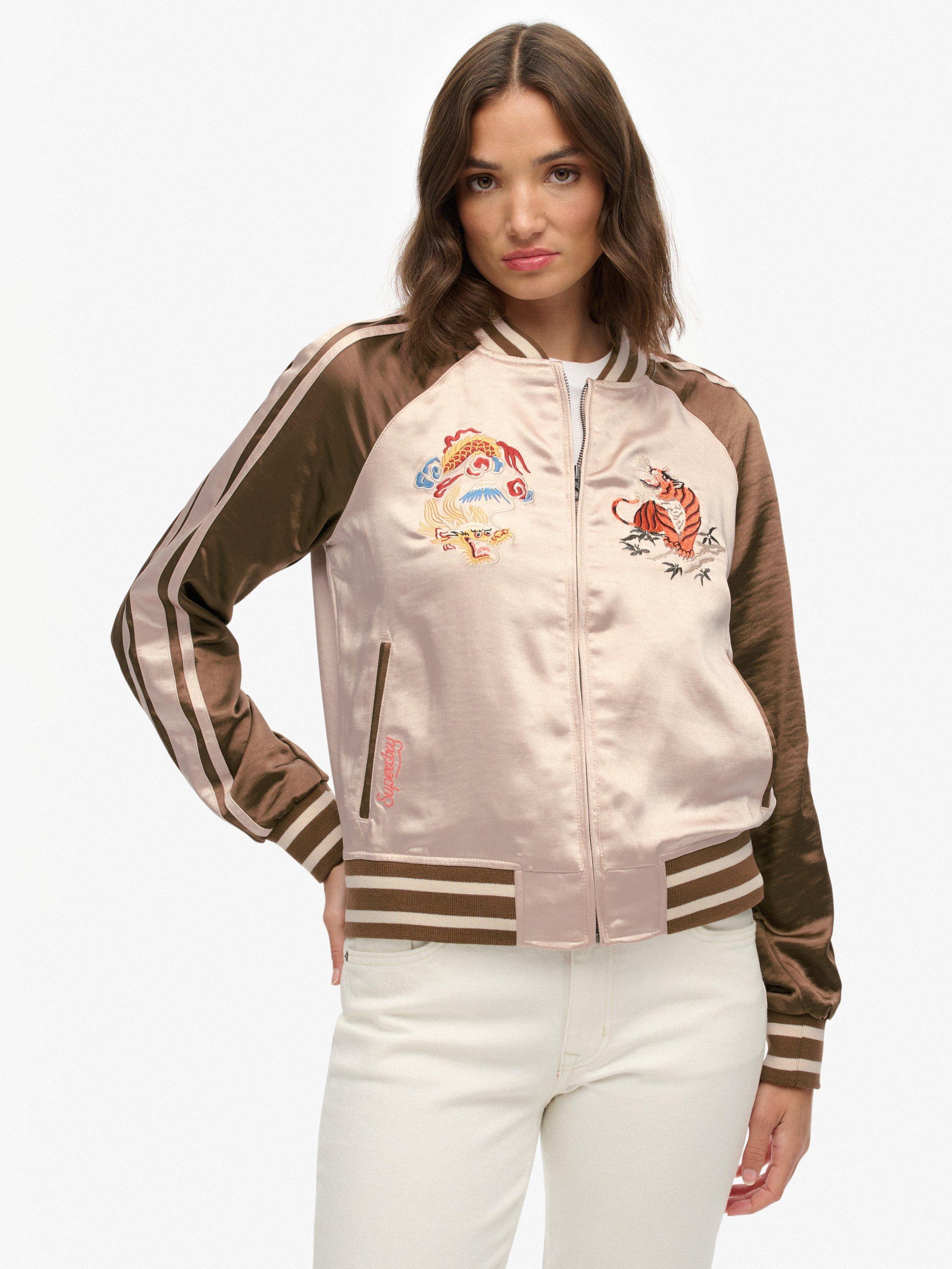 Product image 4 of 7, which shows Superdry Suikajan Embroidered Bomber Jacket, Champagne/Bronze, 12