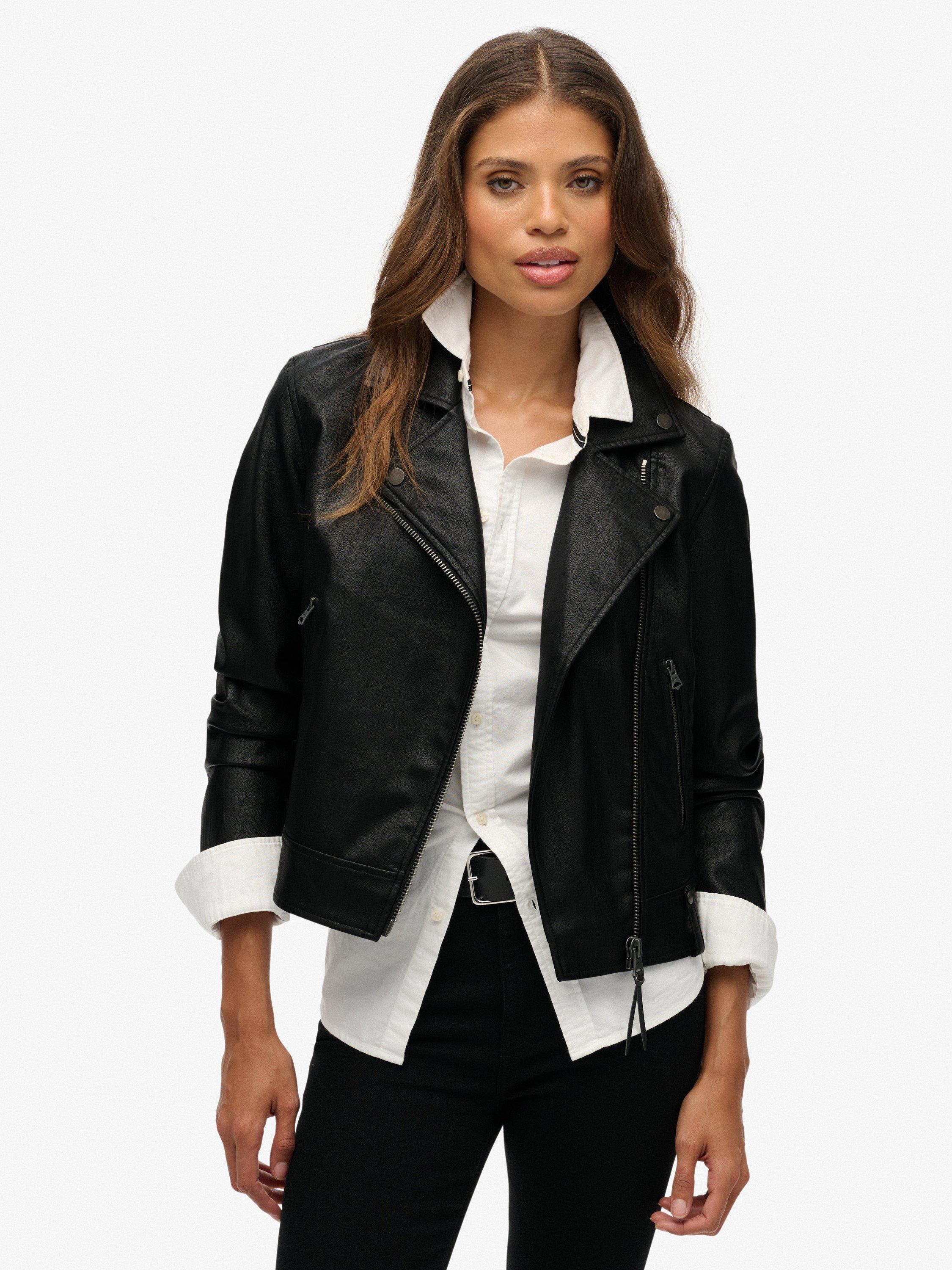 Product image 1 of 7, which shows Superdry Classic Faux Leather Biker Jacket , Black, 12