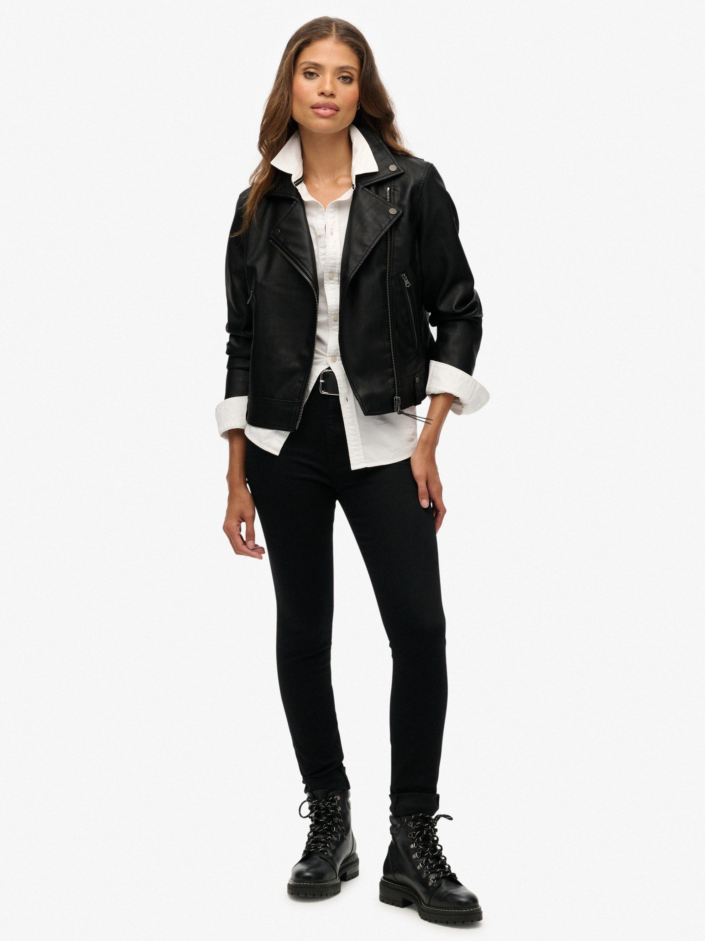 Product image 3 of 7, which shows Superdry Classic Faux Leather Biker Jacket , Black, 12