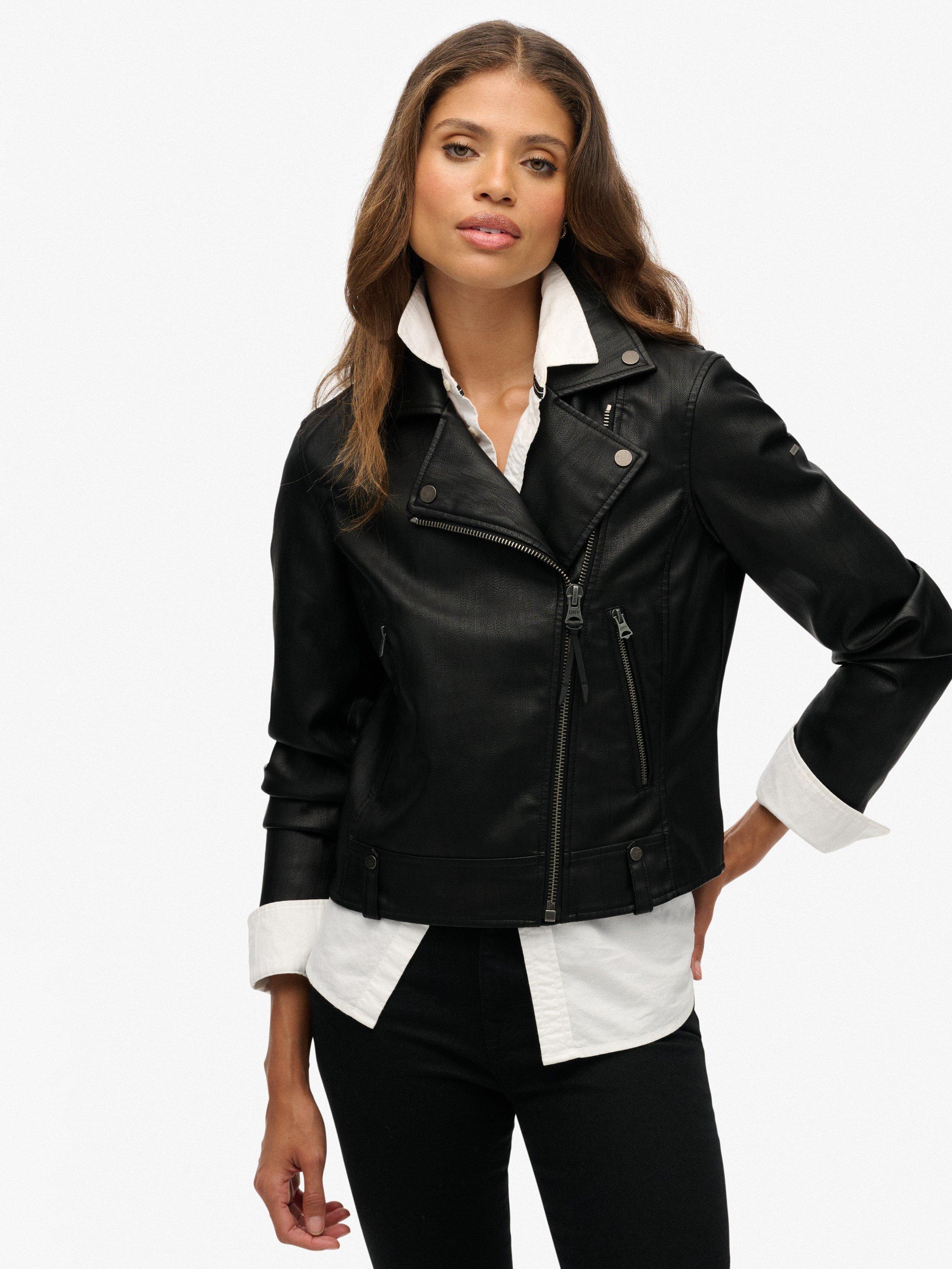 Product image 4 of 7, which shows Superdry Classic Faux Leather Biker Jacket , Black, 12