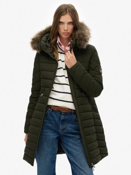 Superdry Fuji Faux Fur Hood Mid Length Coat, Black, Olive Green
