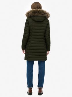 Superdry Fuji Faux Fur Hood Mid Length Coat, Black - view 2, Olive Green