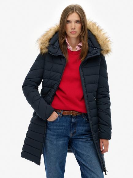 Superdry Fuji Faux Fur Hood Mid Length Coat, Black, Eclipse Navy