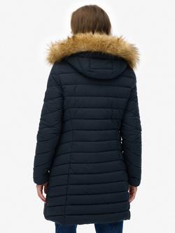 Superdry Fuji Faux Fur Hood Mid Length Coat, Black - view 2, Eclipse Navy