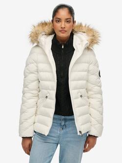 Superdry Fuji Faux Fur Hood Padded Jacket, Bright White, Bright White