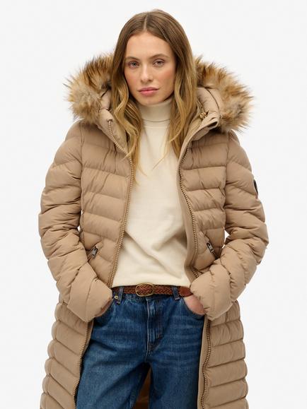 Superdry Fuji Faux Fur Hooded Longline Coat, Shaker Beige, Shaker Beige
