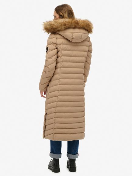 Superdry Fuji Faux Fur Hooded Longline Coat, Shaker Beige - view 2, Shaker Beige