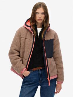 Superdry Vintage Hooded Sherpa Jacket, Light Taupe, Light Taupe