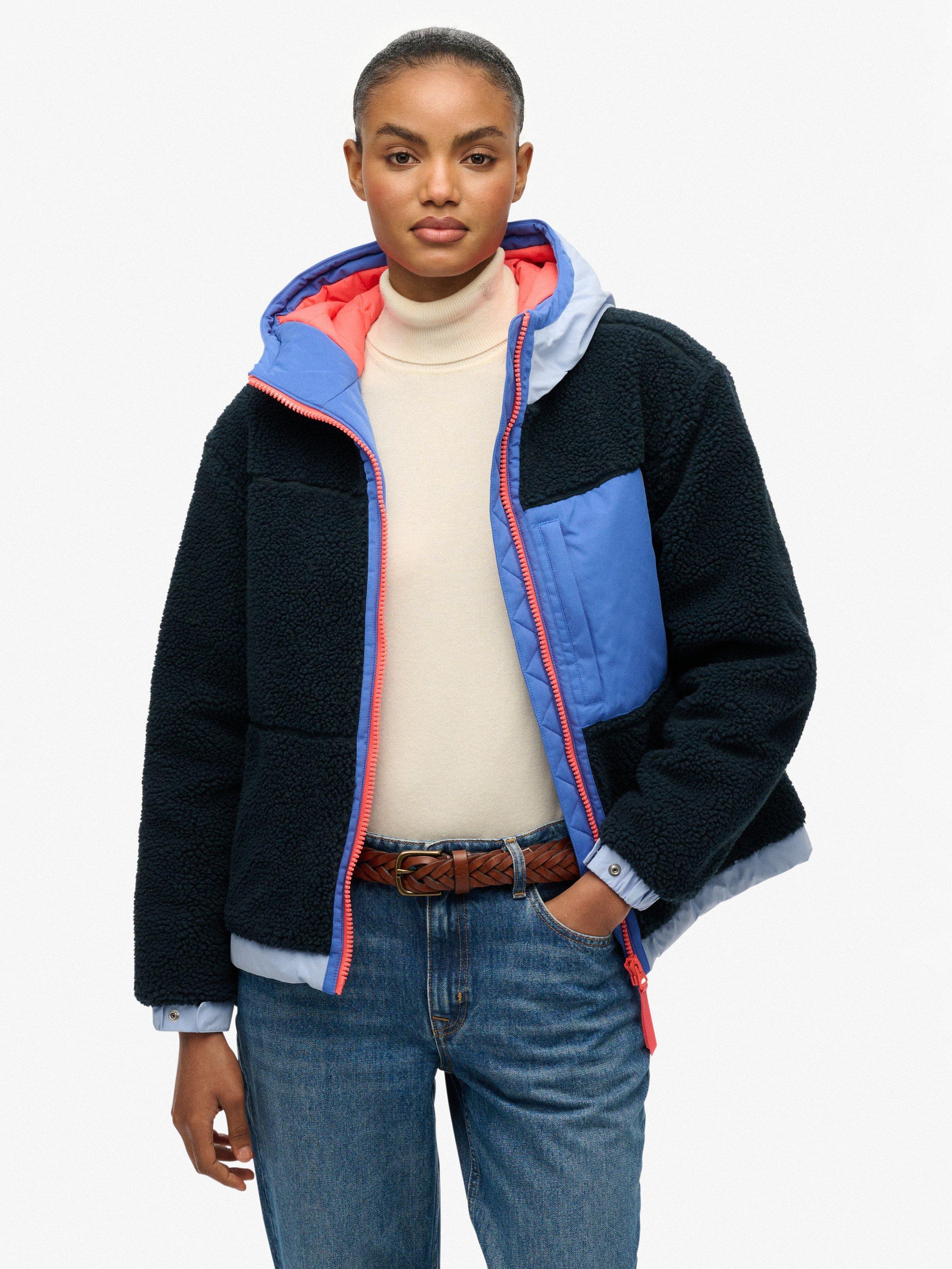 Superdry Vintage Hooded Sherpa Jacket, Light Taupe, Blueberry/Navy