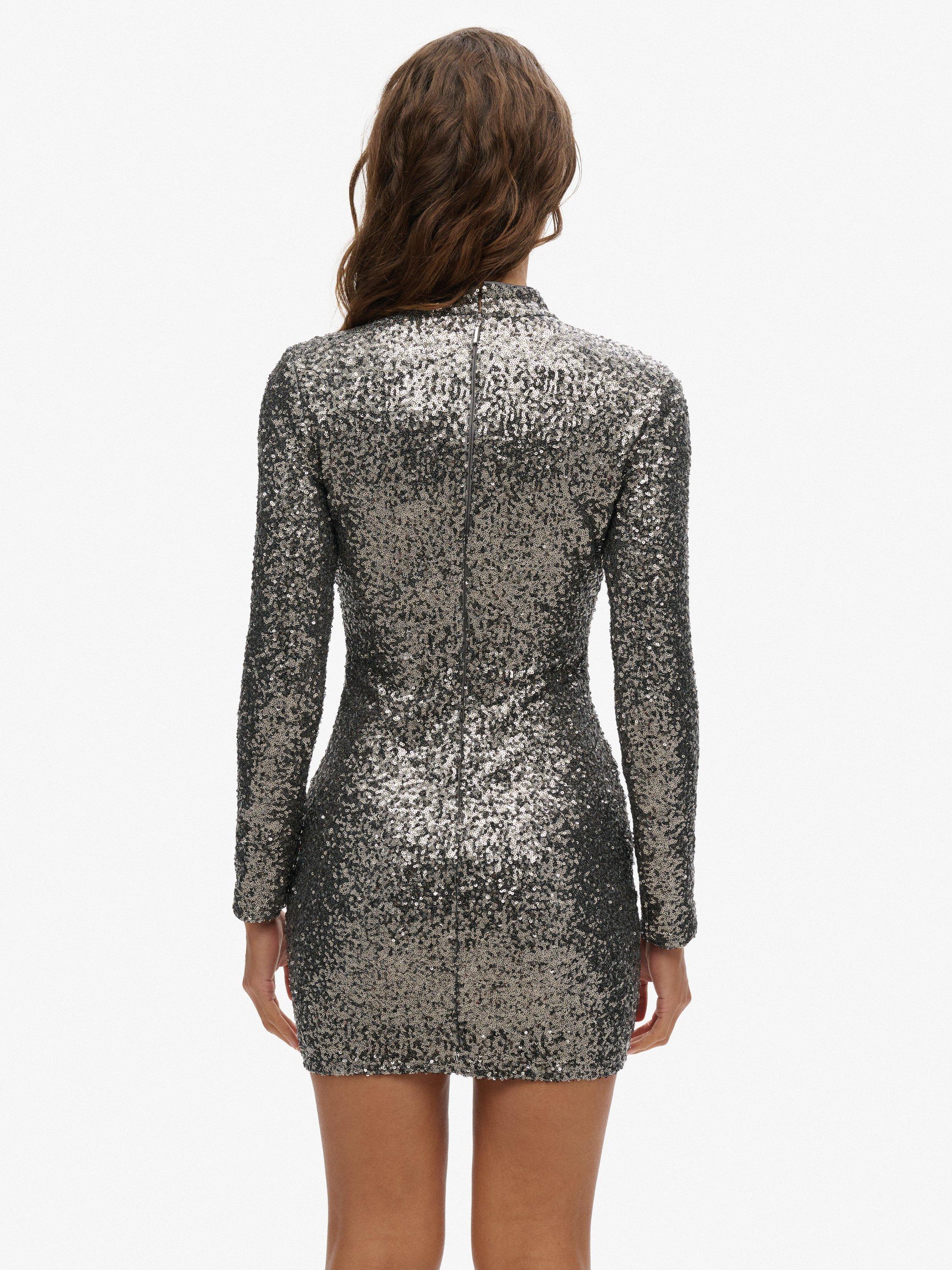Product image 2 of 5, which shows Superdry Sequin Mock Neck Mini Dress, Gunmetal Sequin, 10