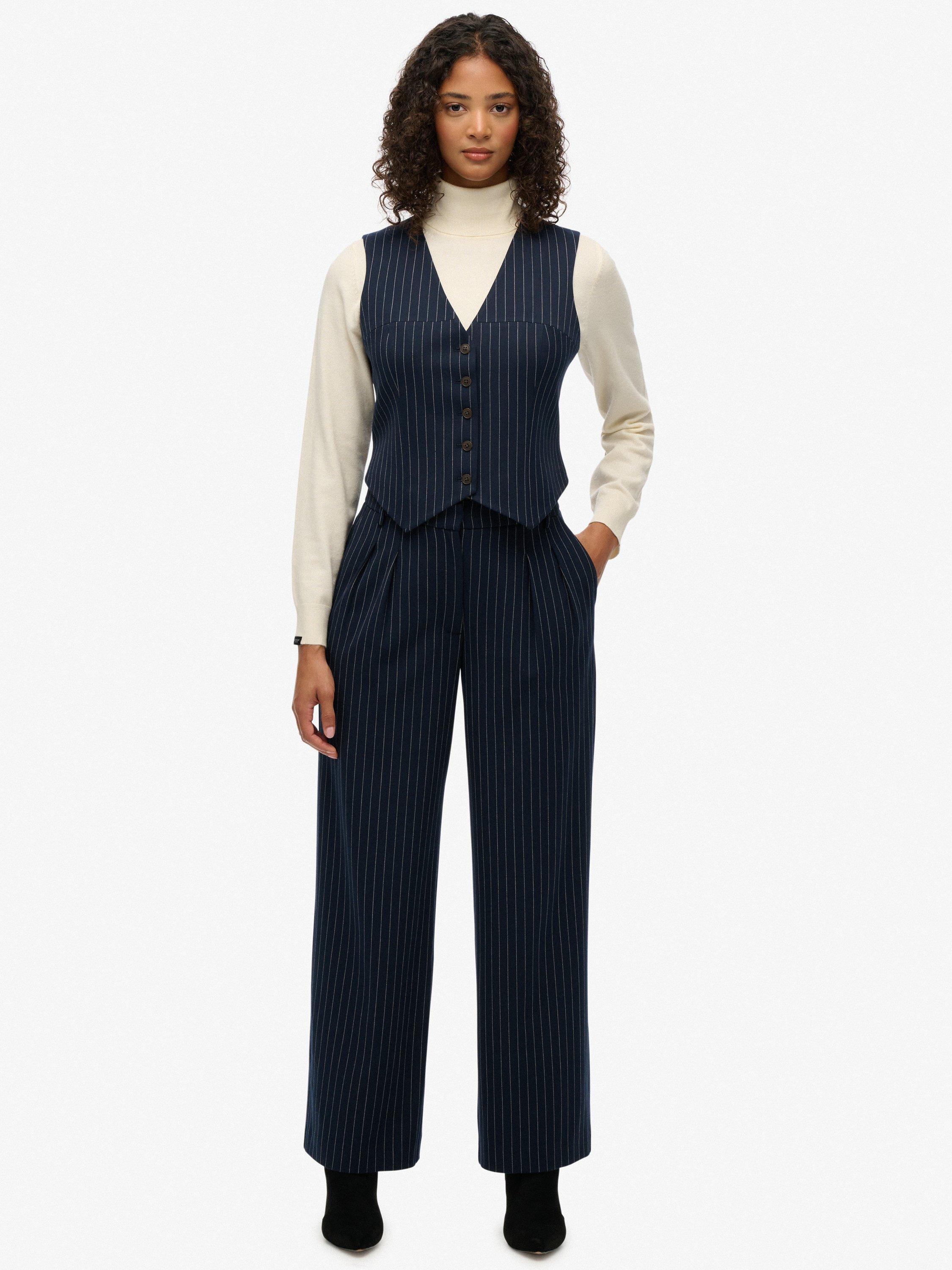 Product image 1 of 6, which shows Superdry Mid Rise Wide Tailored Trousers, Navy Pinstrp, 6
