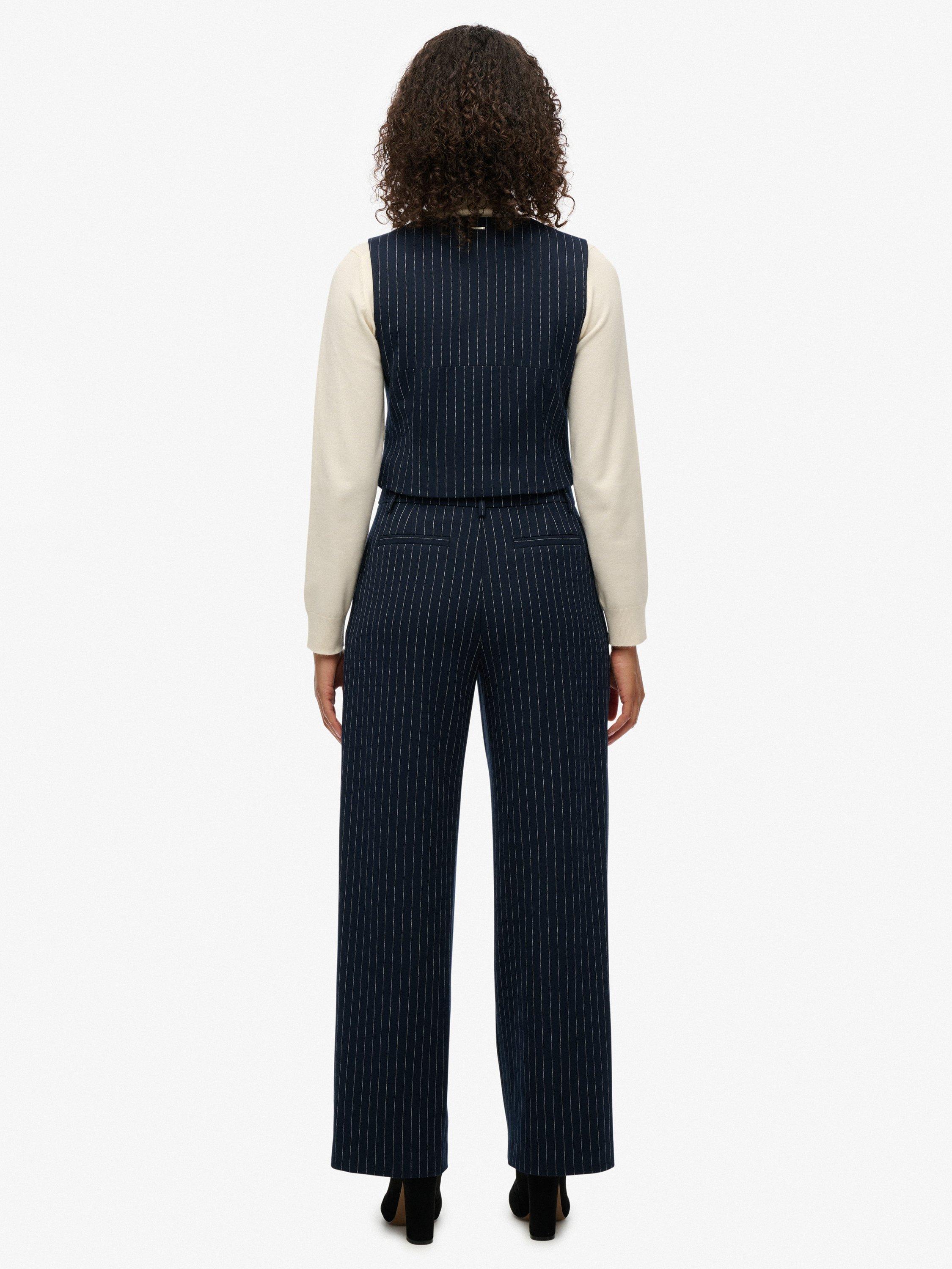 Product image 2 of 6, which shows Superdry Mid Rise Wide Tailored Trousers, Navy Pinstrp, 6