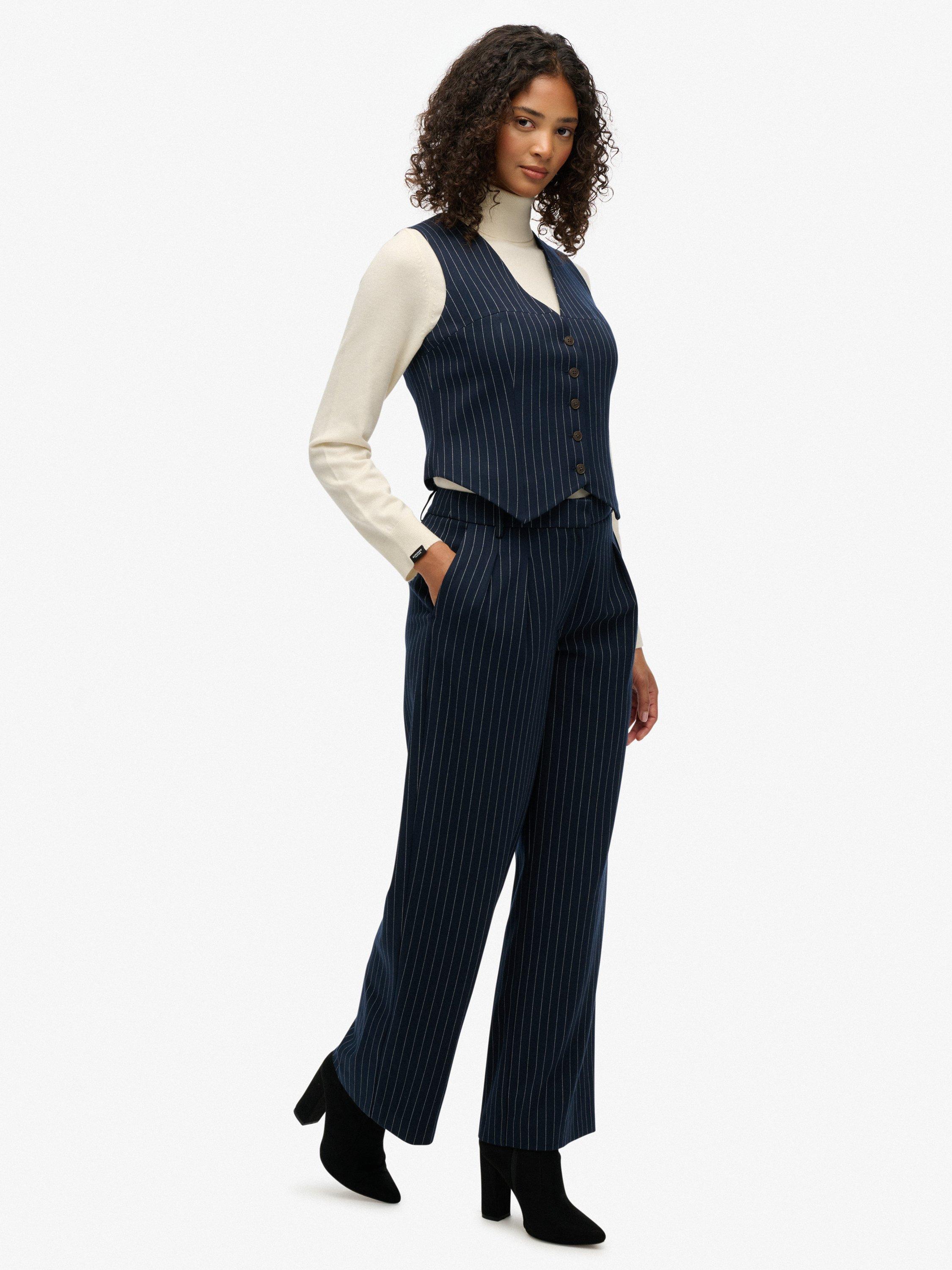 Product image 3 of 6, which shows Superdry Mid Rise Wide Tailored Trousers, Navy Pinstrp, 6