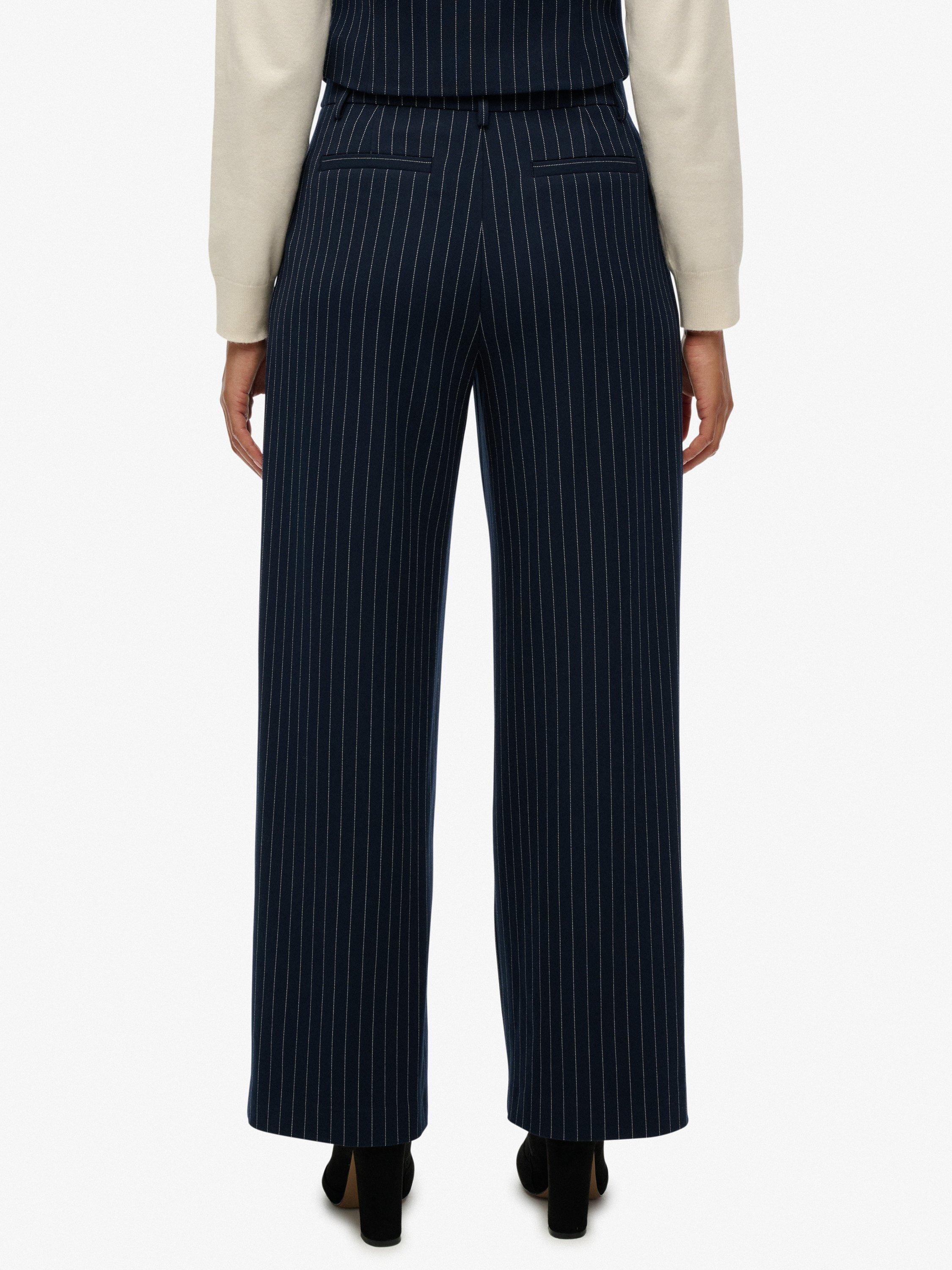 Product image 4 of 6, which shows Superdry Mid Rise Wide Tailored Trousers, Navy Pinstrp, 6