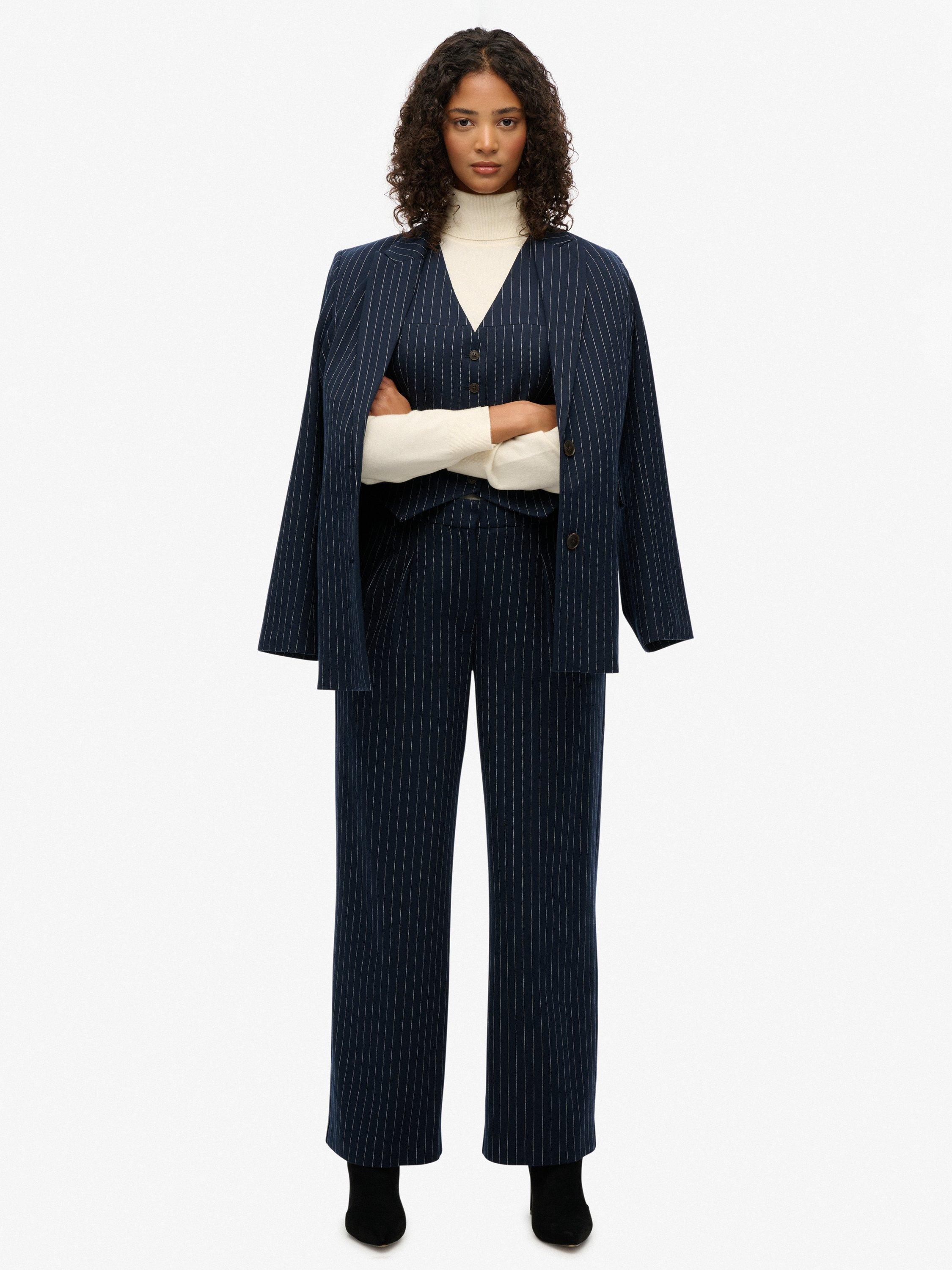 Product image 5 of 6, which shows Superdry Mid Rise Wide Tailored Trousers, Navy Pinstrp, 6