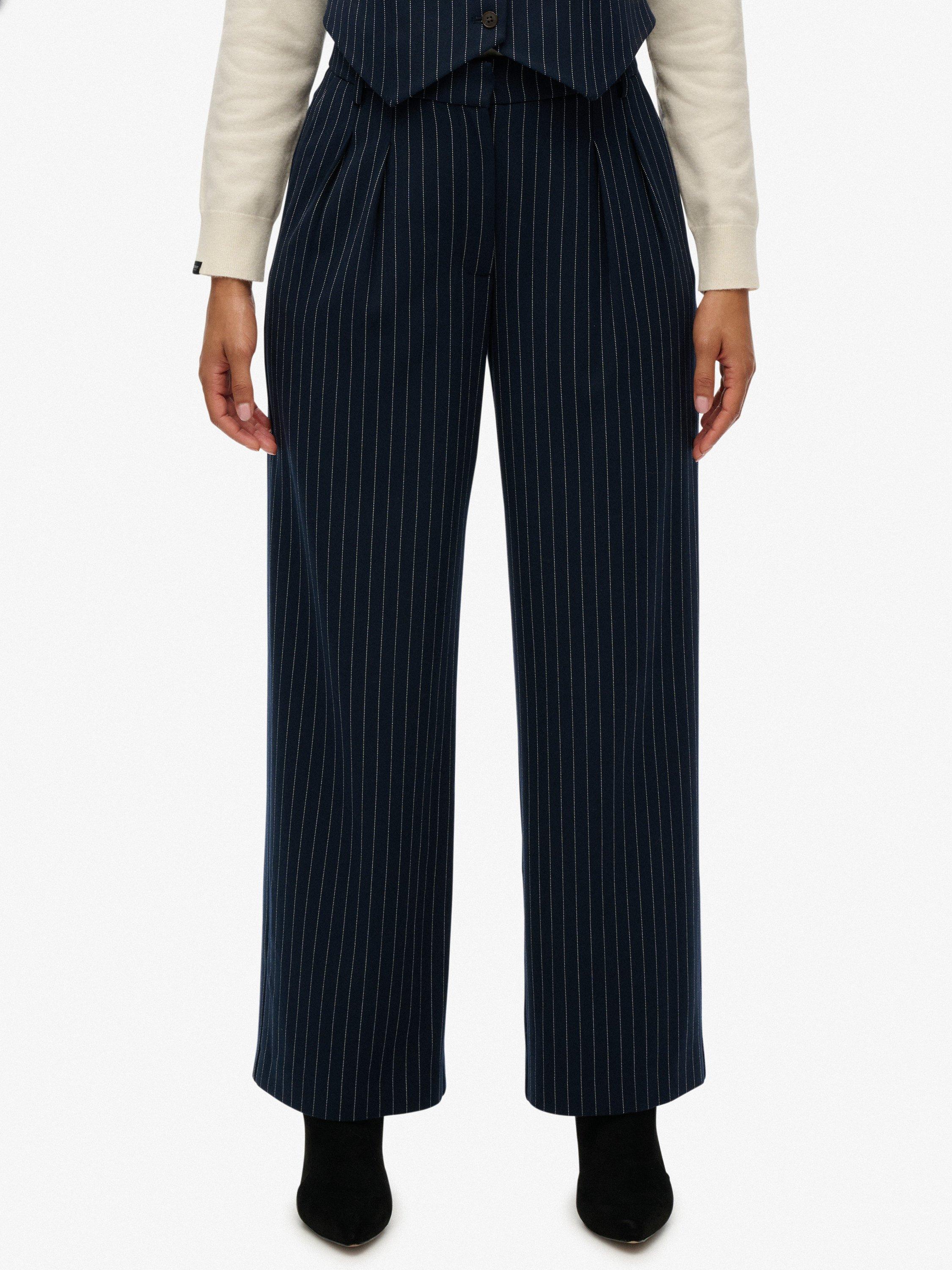 Product image 6 of 6, which shows Superdry Mid Rise Wide Tailored Trousers, Navy Pinstrp, 6