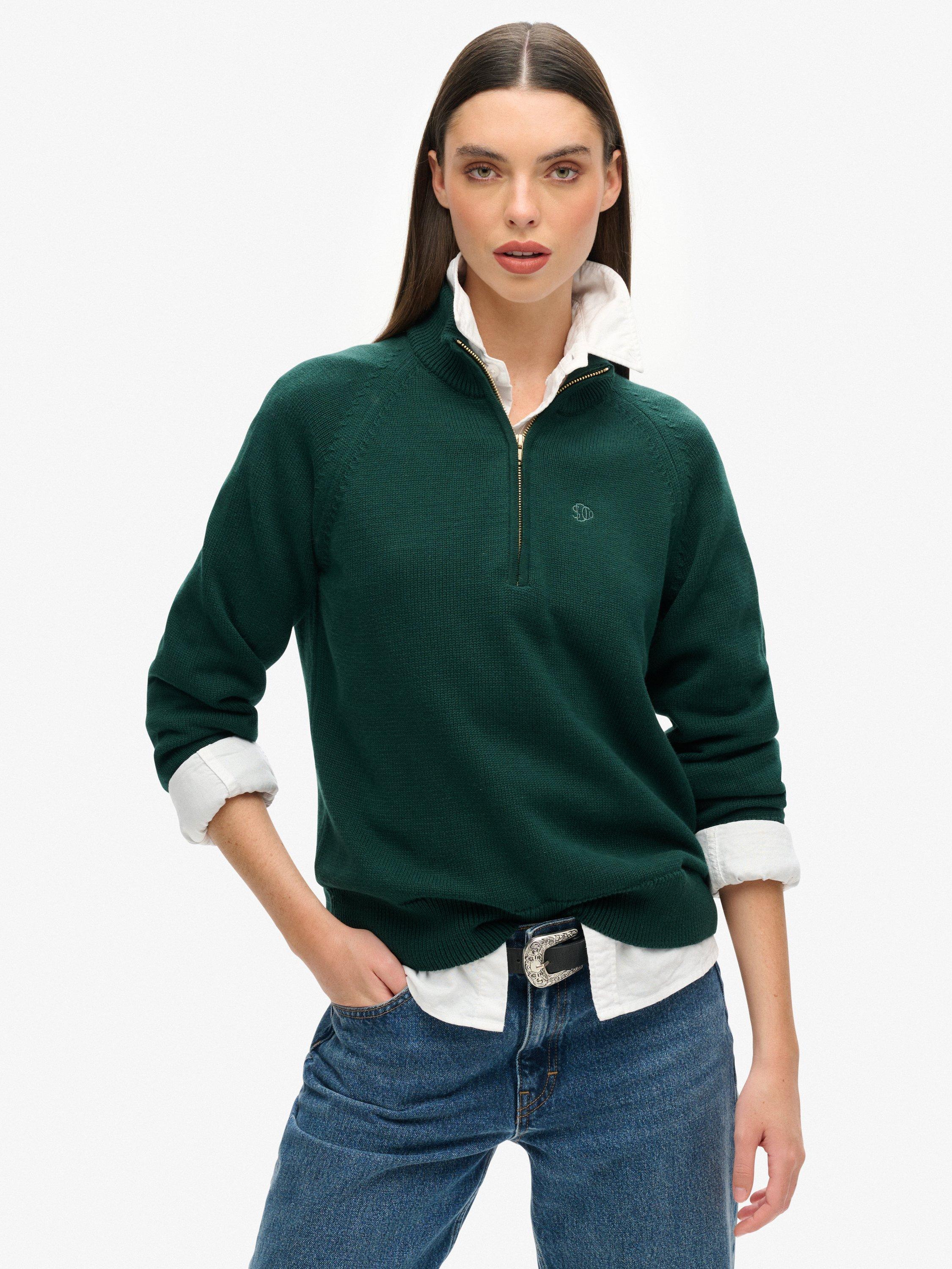 Product image 1 of 5, which shows Superdry Classic Knit 1/2 Zip Jumper, Dark Pine Green, 6