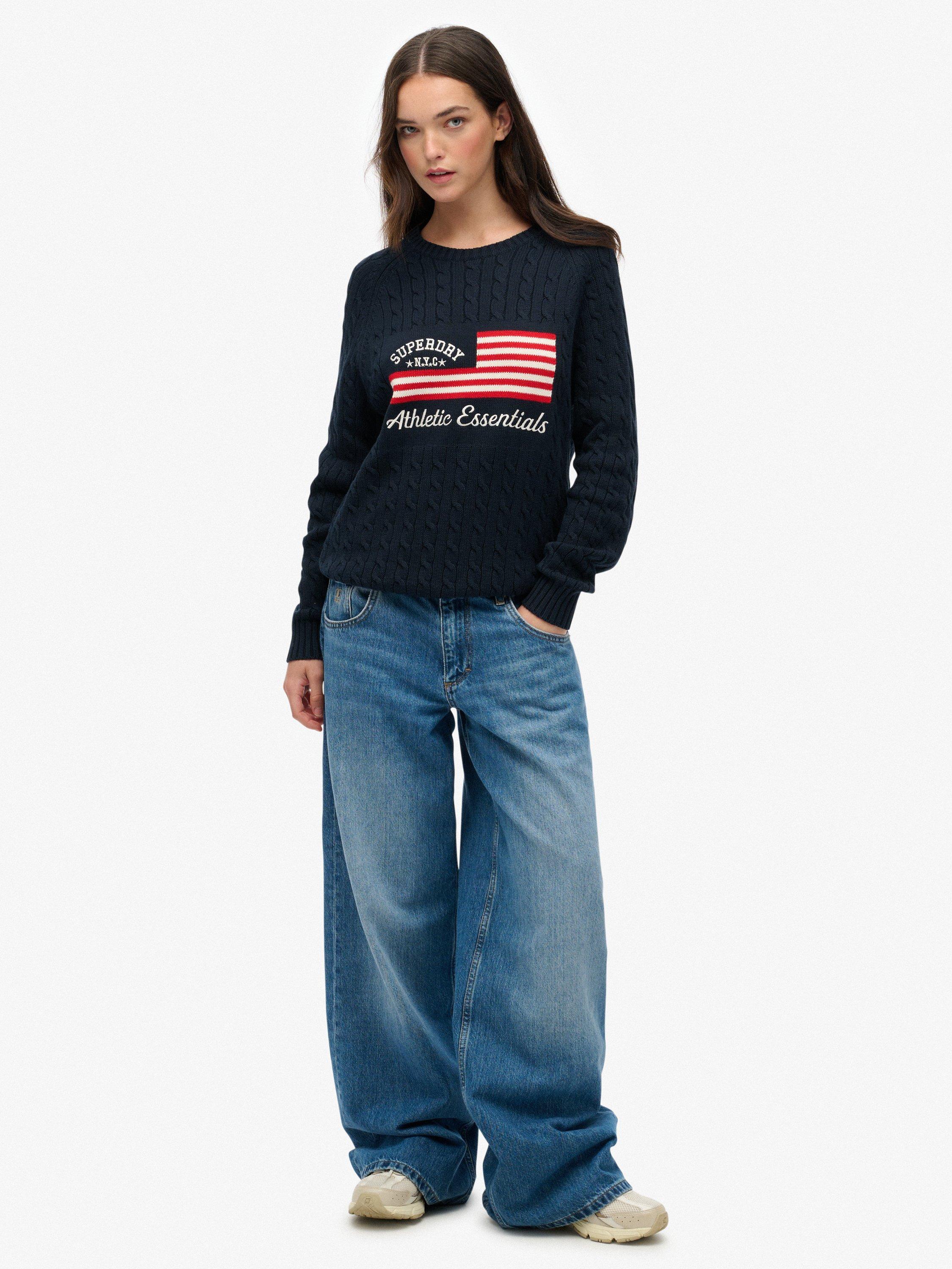 Product image 3 of 5, which shows Superdry Slouchy Cable Flag Knit Jumper, Richest Navy, 12