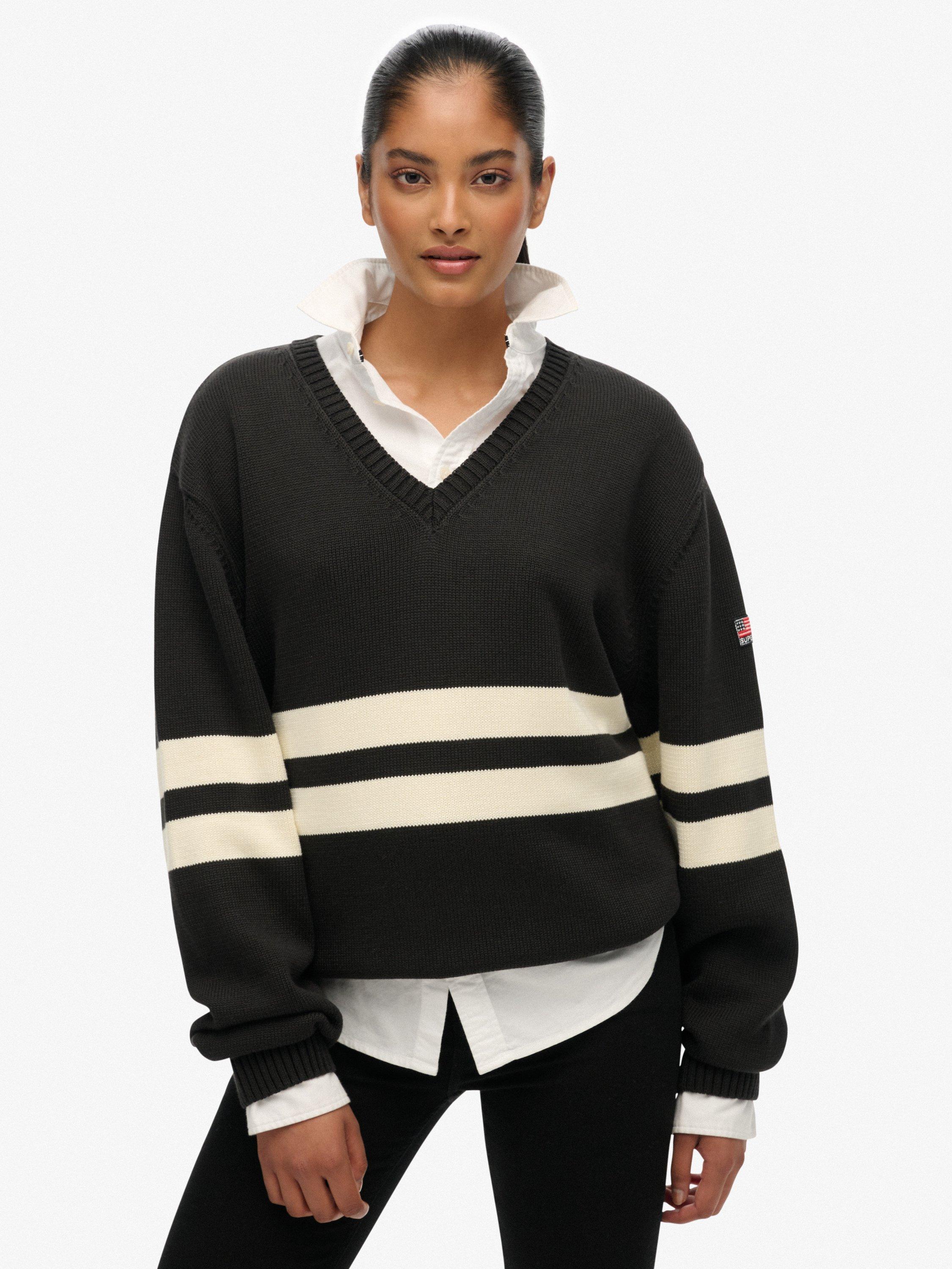 Product image 1 of 5, which shows Superdry Oversized Stripe V-Neck Jumper, Dark Charcoal, 8
