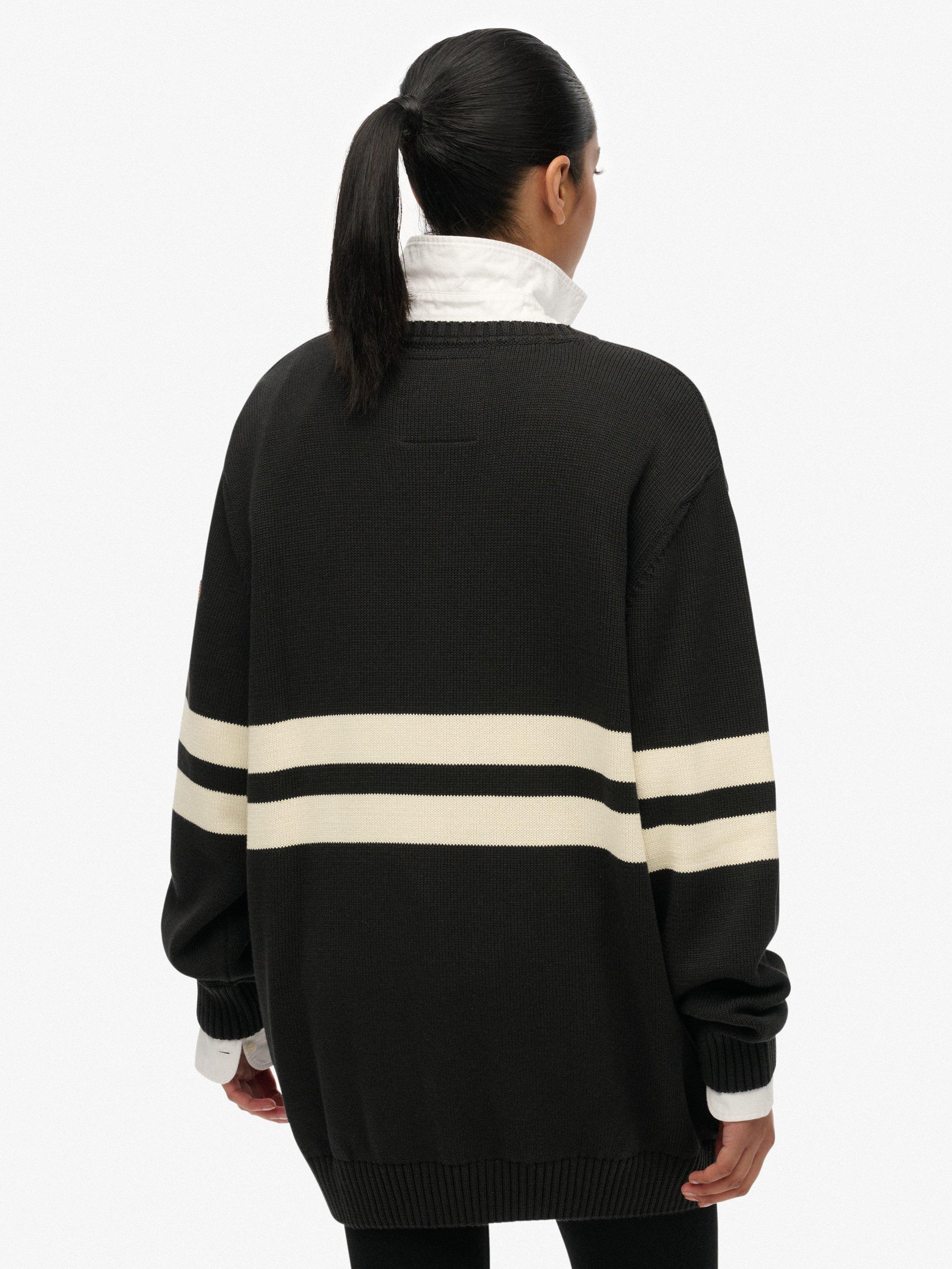 Product image 2 of 5, which shows Superdry Oversized Stripe V-Neck Jumper, Dark Charcoal, 8