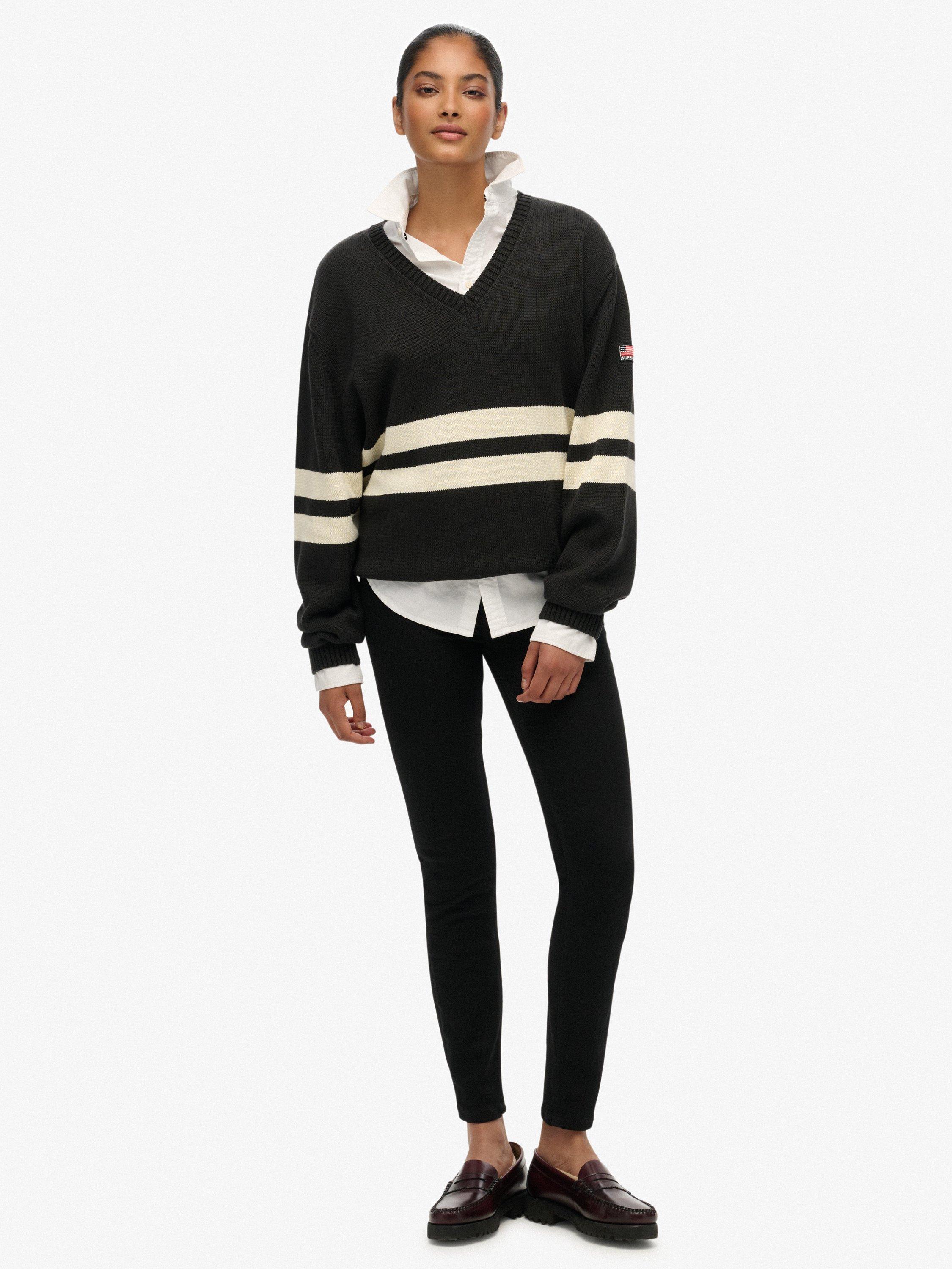 Product image 3 of 5, which shows Superdry Oversized Stripe V-Neck Jumper, Dark Charcoal, 8