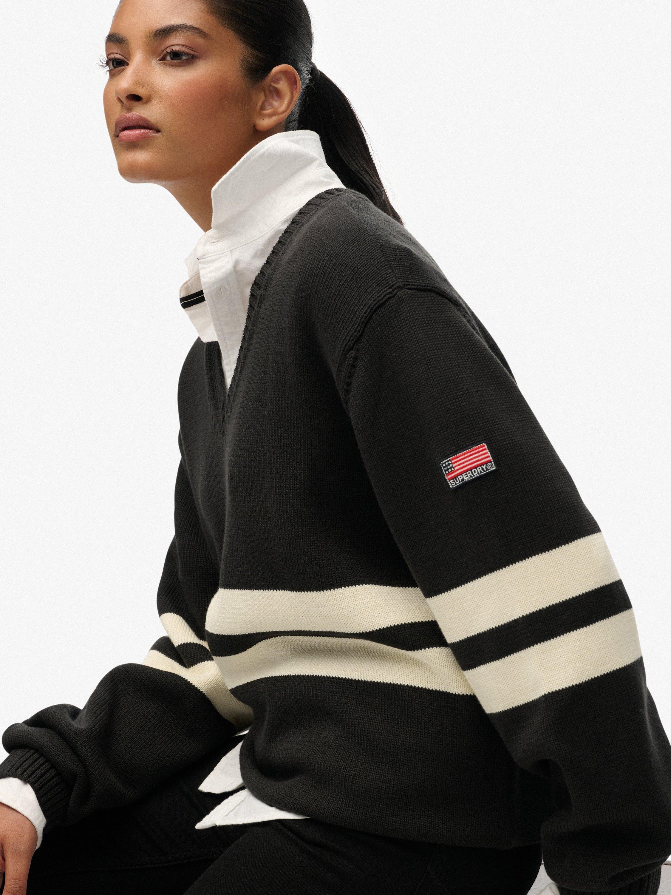 Product image 4 of 5, which shows Superdry Oversized Stripe V-Neck Jumper, Dark Charcoal, 8