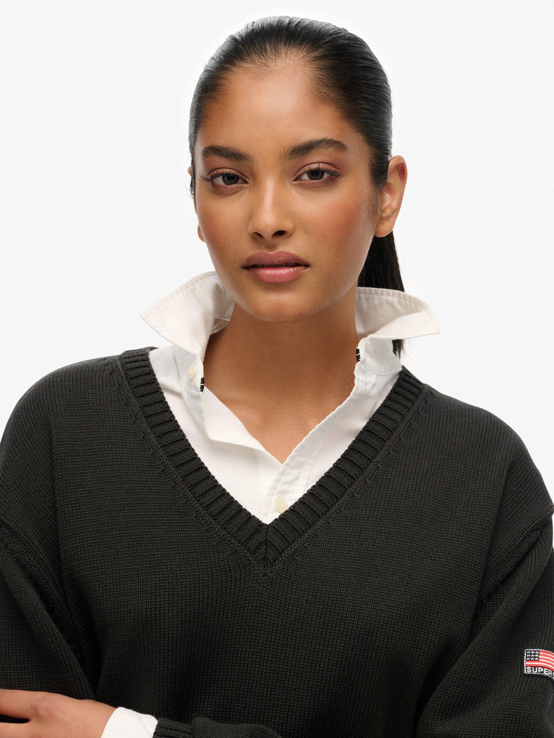 Product image 5 of 5, which shows Superdry Oversized Stripe V-Neck Jumper, Dark Charcoal, 8