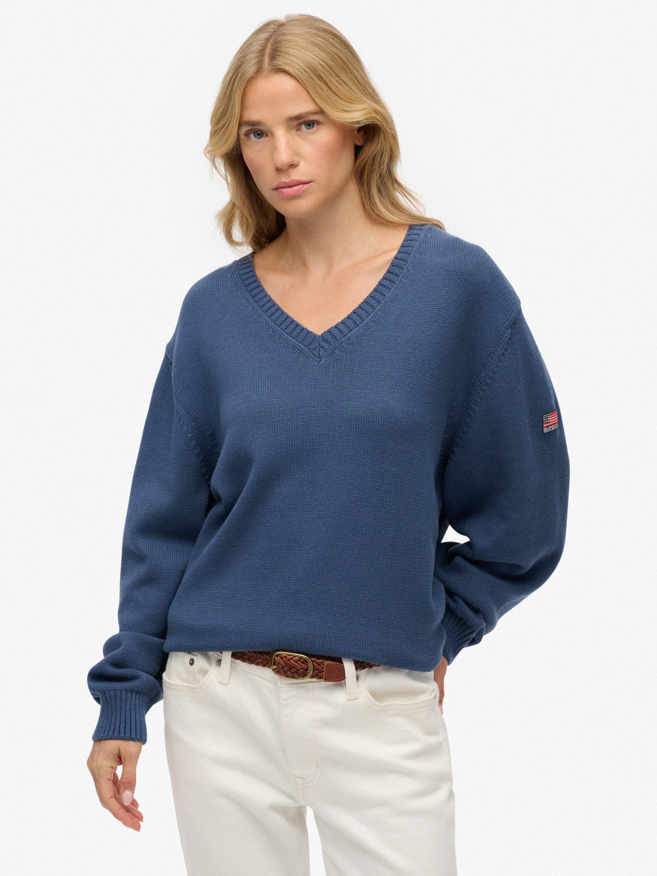 Product image 1 of 5, which shows Superdry Oversized V-Neck Jumper, Vintage Blue, 12