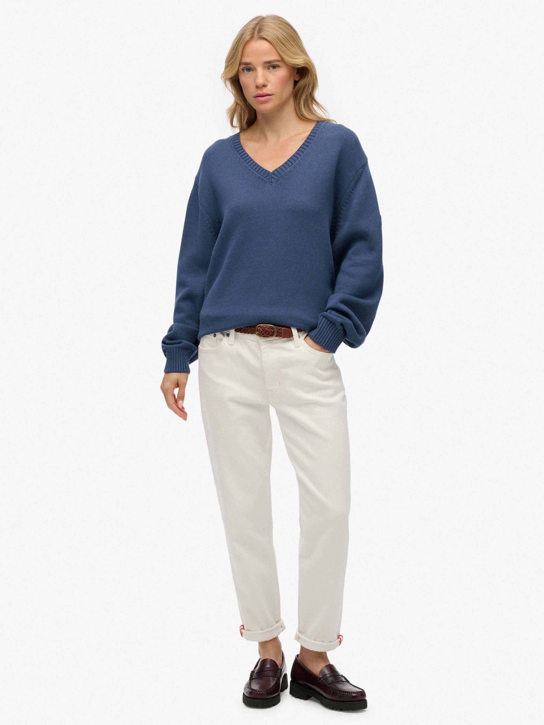 Product image 3 of 5, which shows Superdry Oversized V-Neck Jumper, Vintage Blue, 12