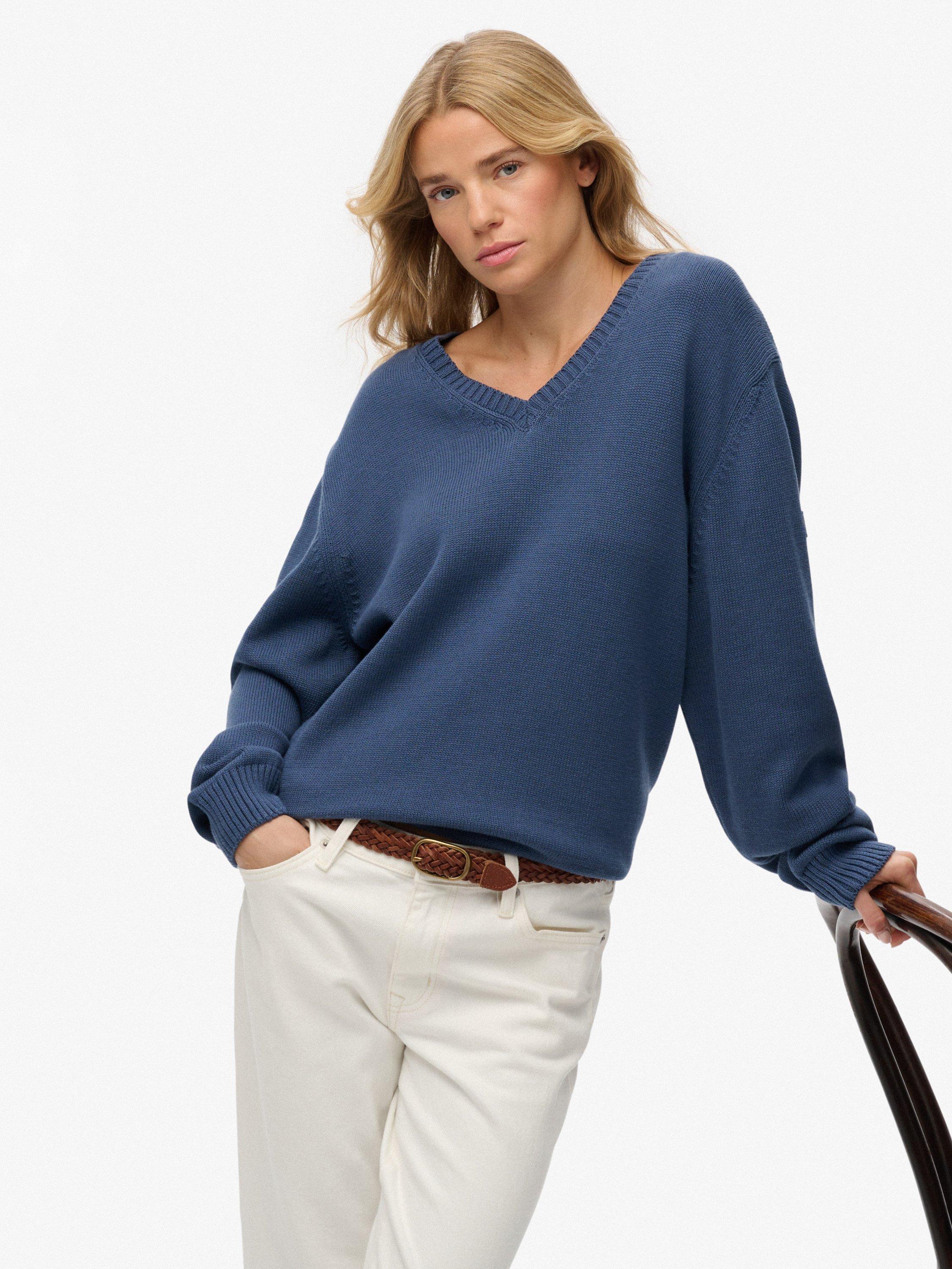 Product image 4 of 5, which shows Superdry Oversized V-Neck Jumper, Vintage Blue, 12