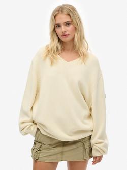 Superdry Oversized V-Neck Jumper, Natural White