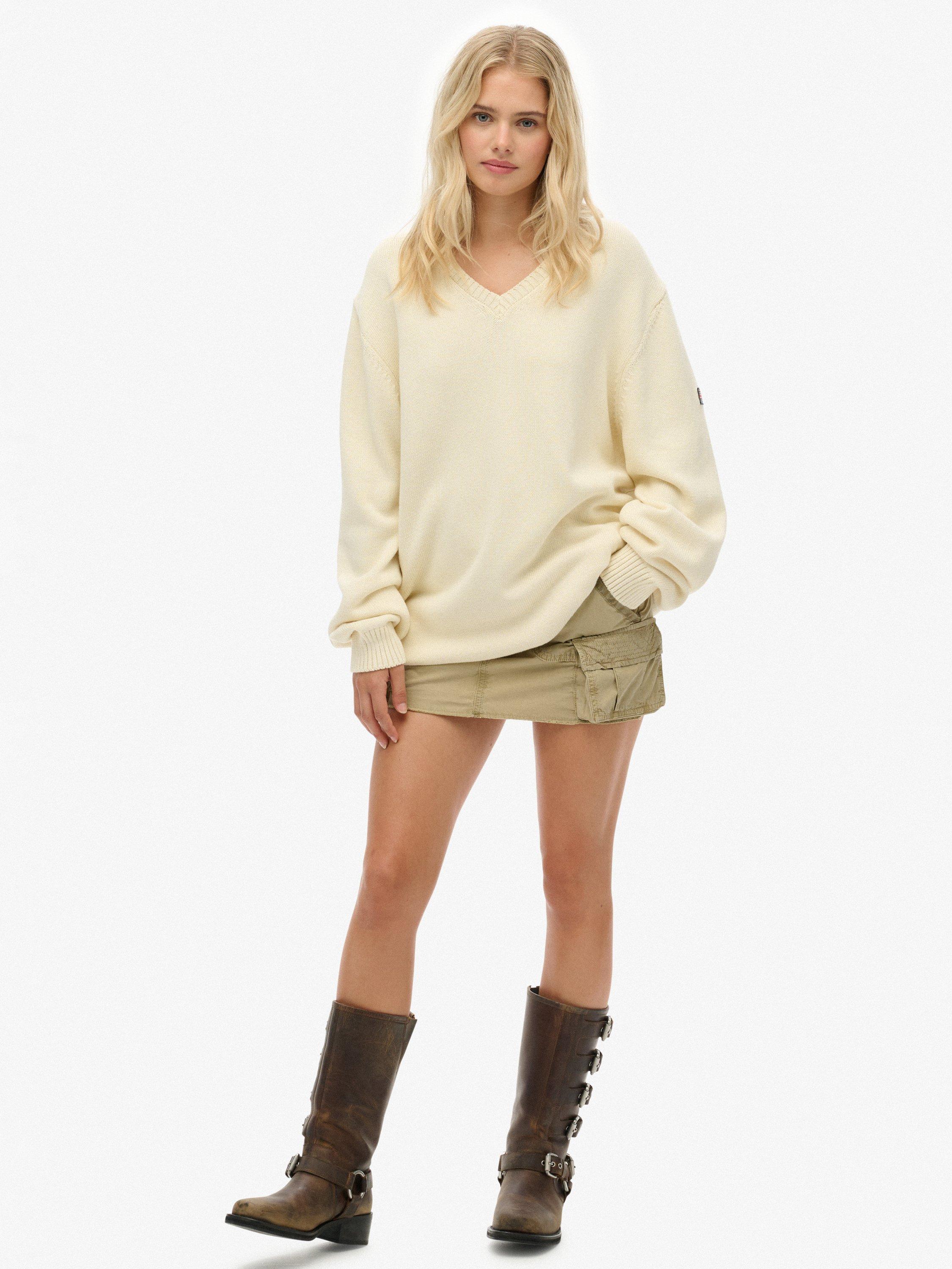 Product image 3 of 5, which shows Superdry Oversized V-Neck Jumper, Natural White, 6