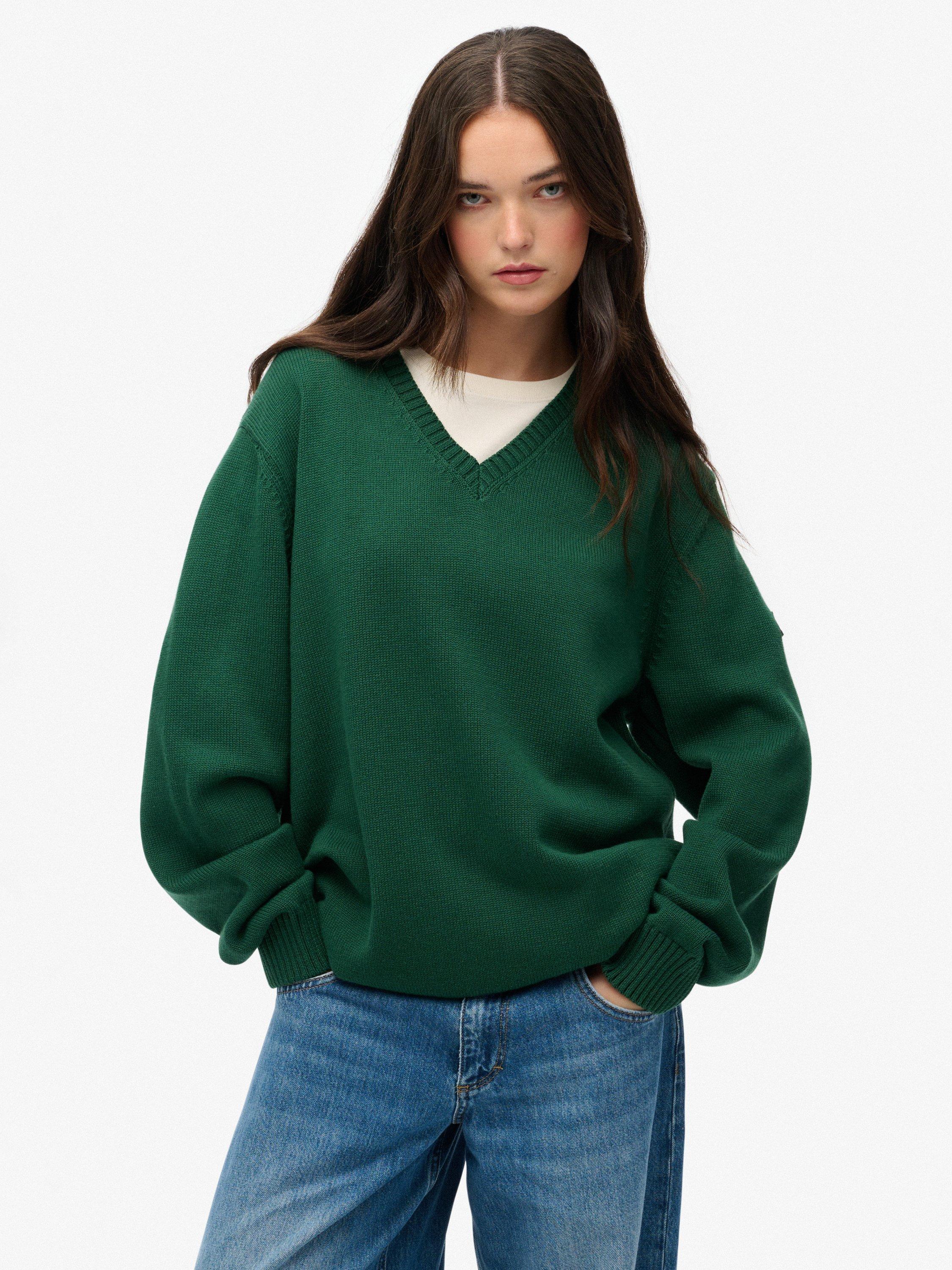 Product image 1 of 5, which shows Superdry Oversized V-Neck Jumper, Dark Green, 6