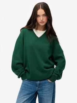 Superdry Oversized V-Neck Jumper, Dark Green