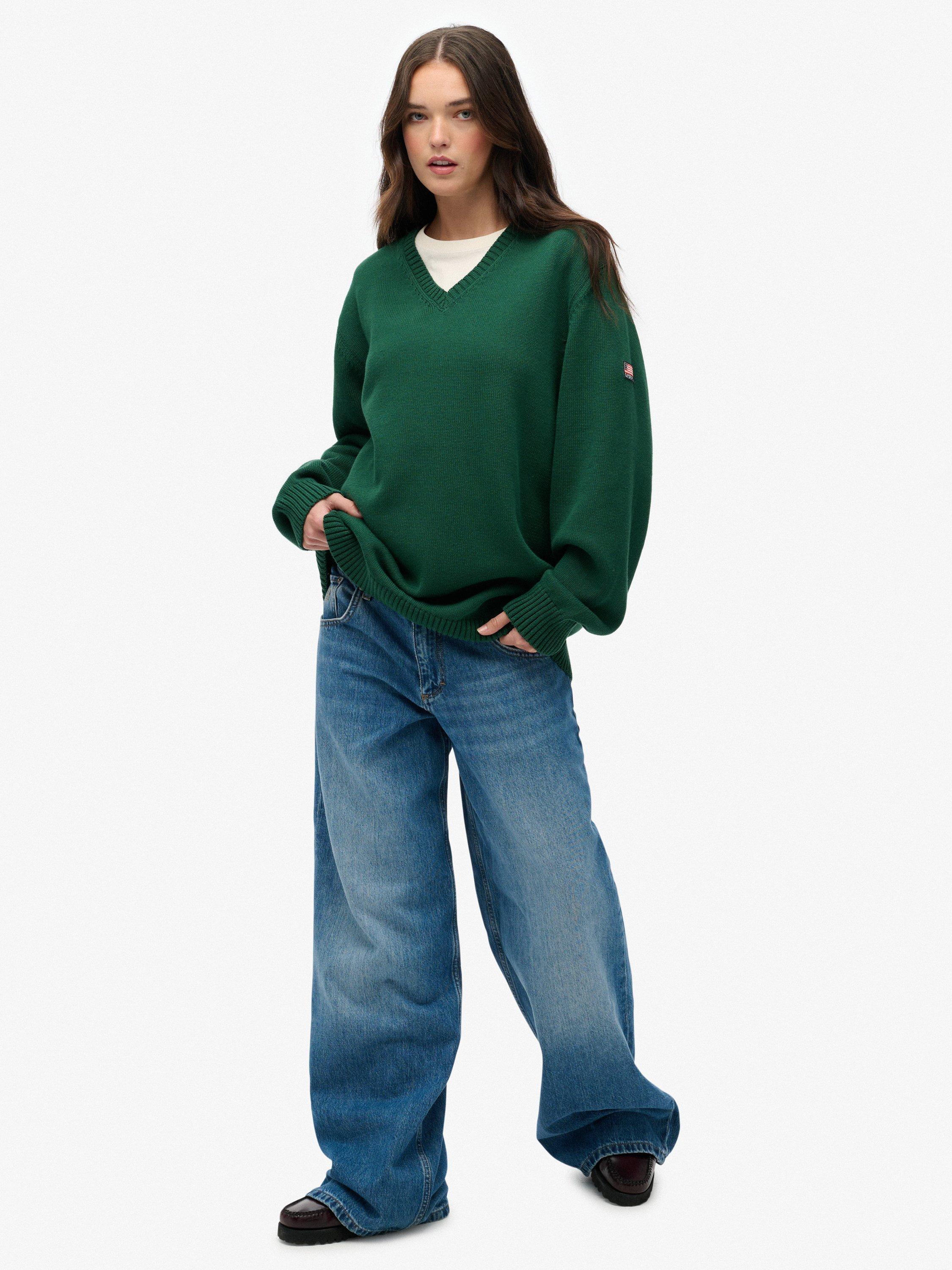 Product image 3 of 5, which shows Superdry Oversized V-Neck Jumper, Dark Green, 6